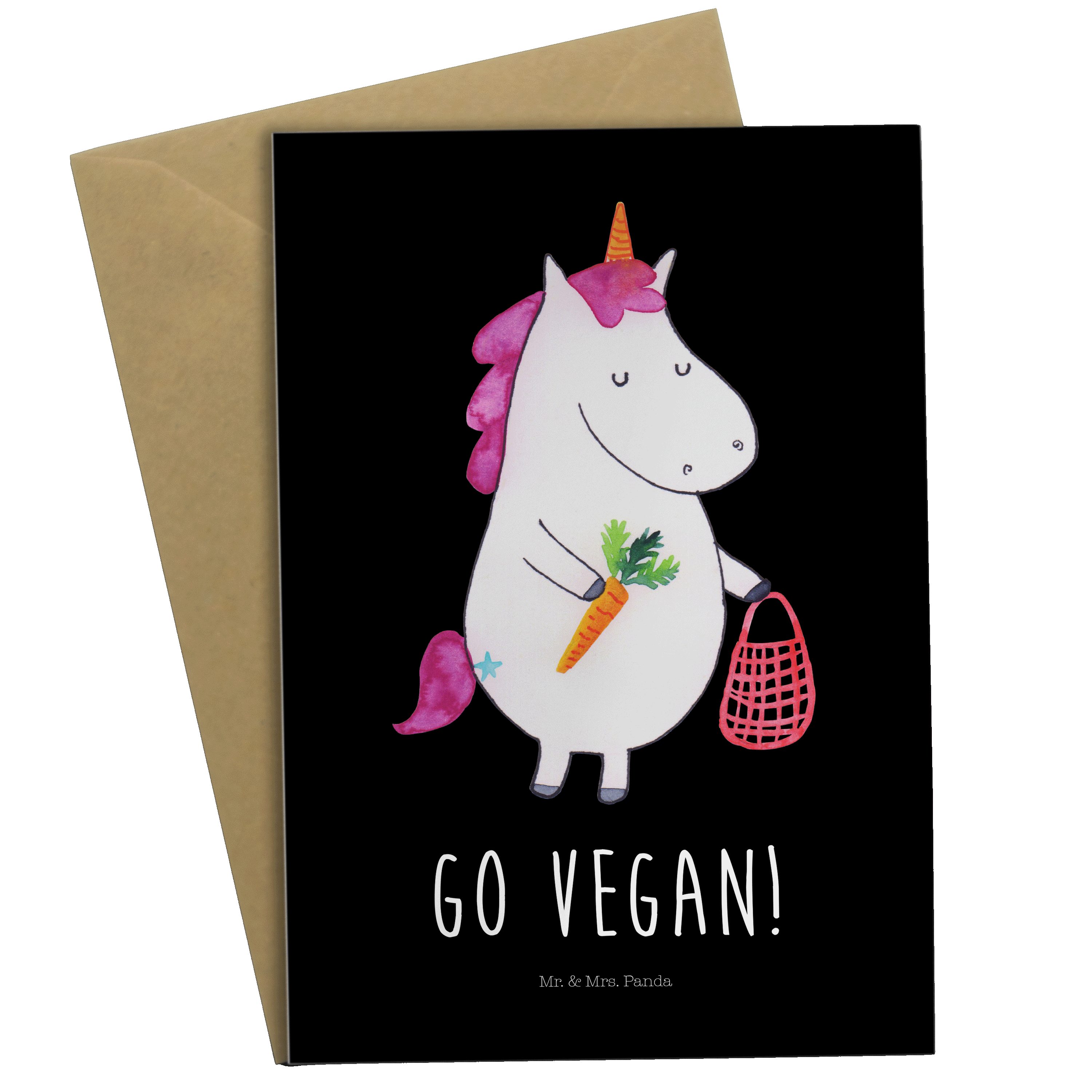 Mr. & Geschenk, - Veganer, Einhorn Geburtstagskarte, Mrs. Panda Einhor - Vegan Grußkarte Schwarz