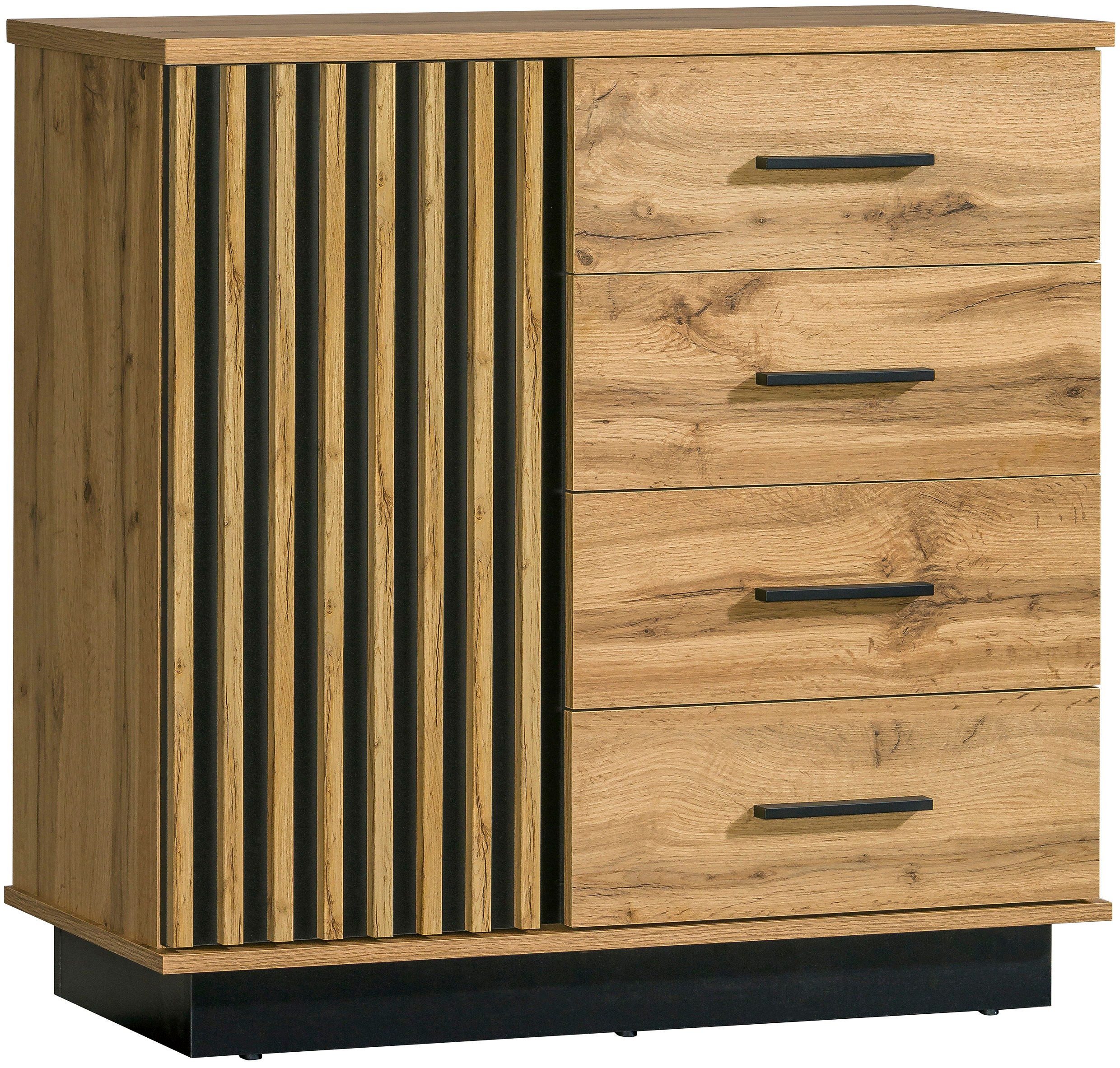 Masseno Kommode KIMA 90 cm Sideboard mit 4 Schubladen und 1 Türen Eiche Wotan