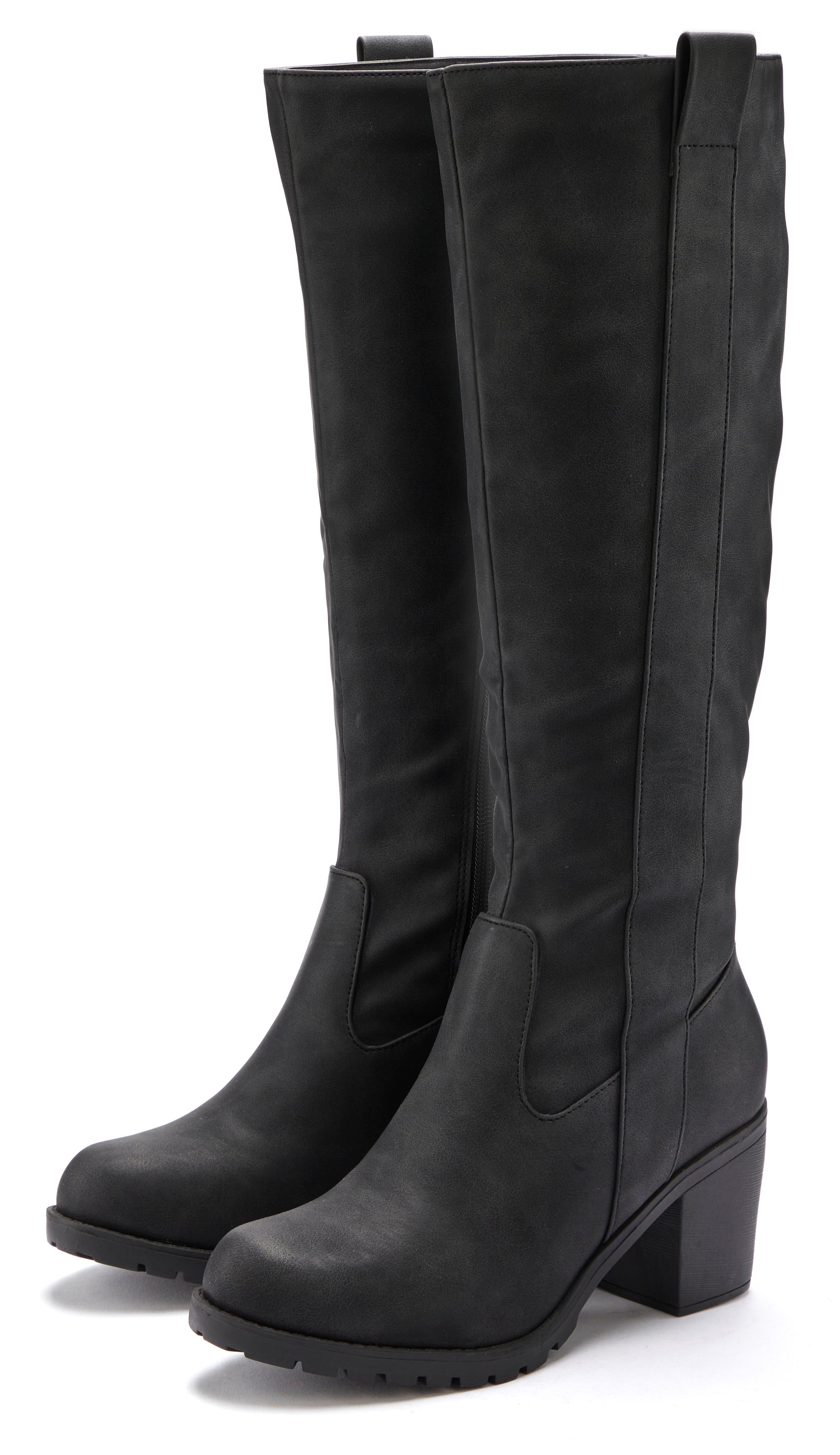 LASCANA Weitschaftstiefel Stiefel, Stiefelette, langer Stiefel, Blockabsatz, Cowboy Stil VEGAN