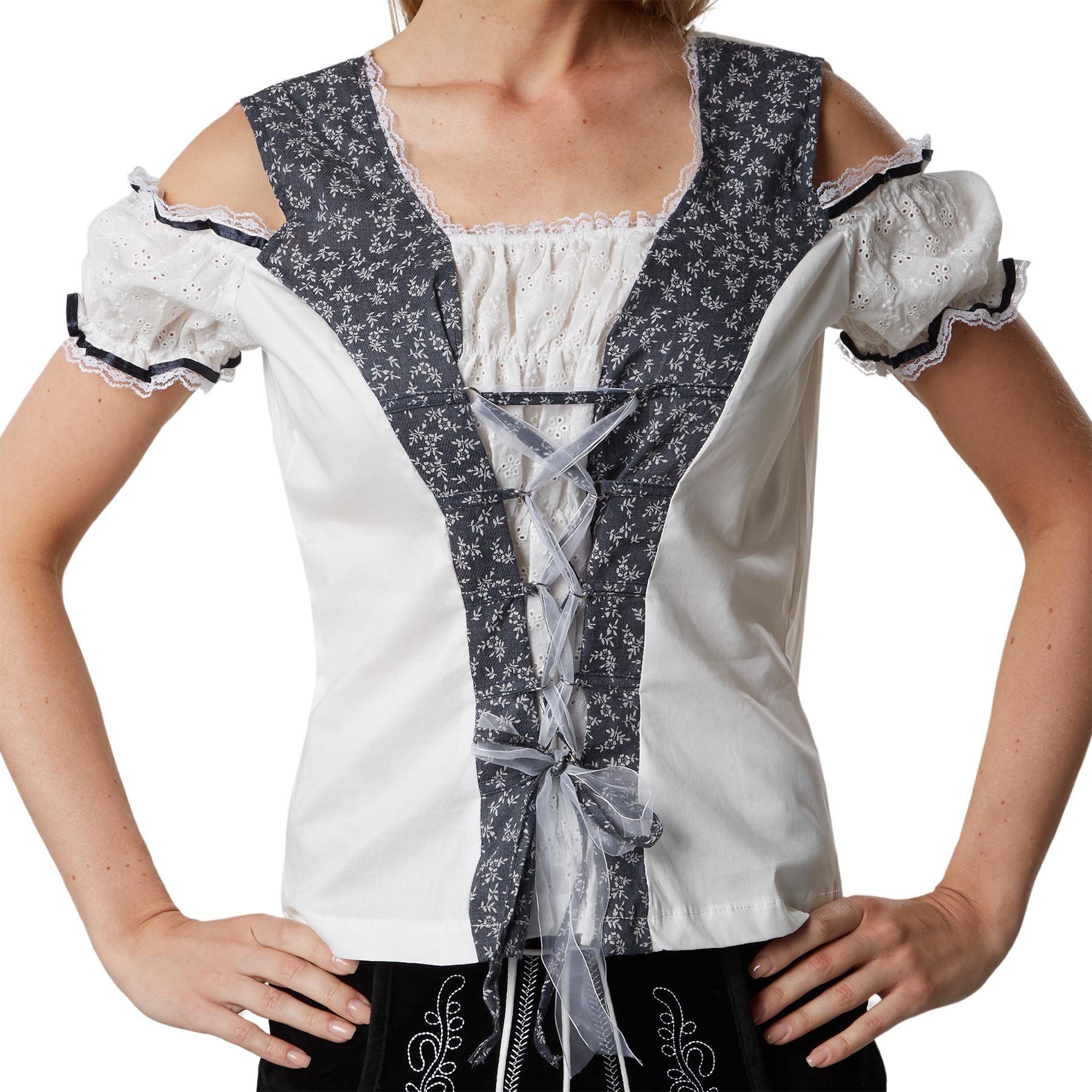 dressforfun Trachtenbluse Dirndlbluse aus reiner Baumwolle mit Carmen-Ausschnitt und Schnürung (Landhausbluse Zenzi, in grau/weiß) Seitliche Blumenstickerei, ku – Bild 4 von 5
