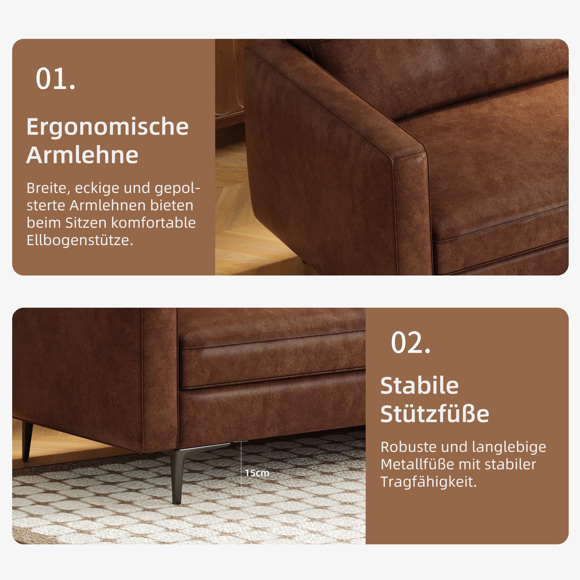oleyluckidea Big-Sofa Vintage couch 3 sitzer aus Kunstleder küchensofa Braun