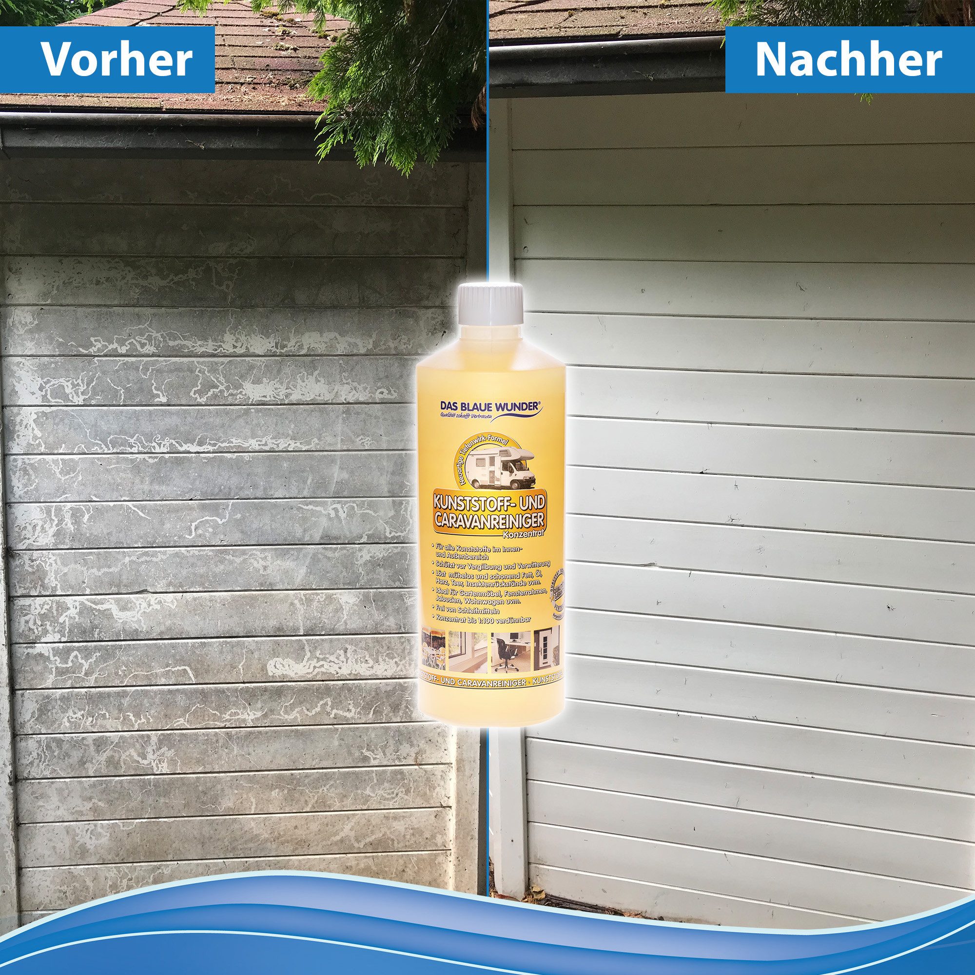 Das Blaue Wunder® Kunststoff- und Caravanreiniger Konzentrat Kunststoffreiniger (inkl. Sprühflasche, für Innen- und Außen, mit Tiefenwirk-Formel, [- 1 x KUNSTSTOFF- UND CARAVANREINIGER (1000ml) + 1 x Sprühflasche löst Fett und Verschmutzungen, Extra stark und verdünnbar)