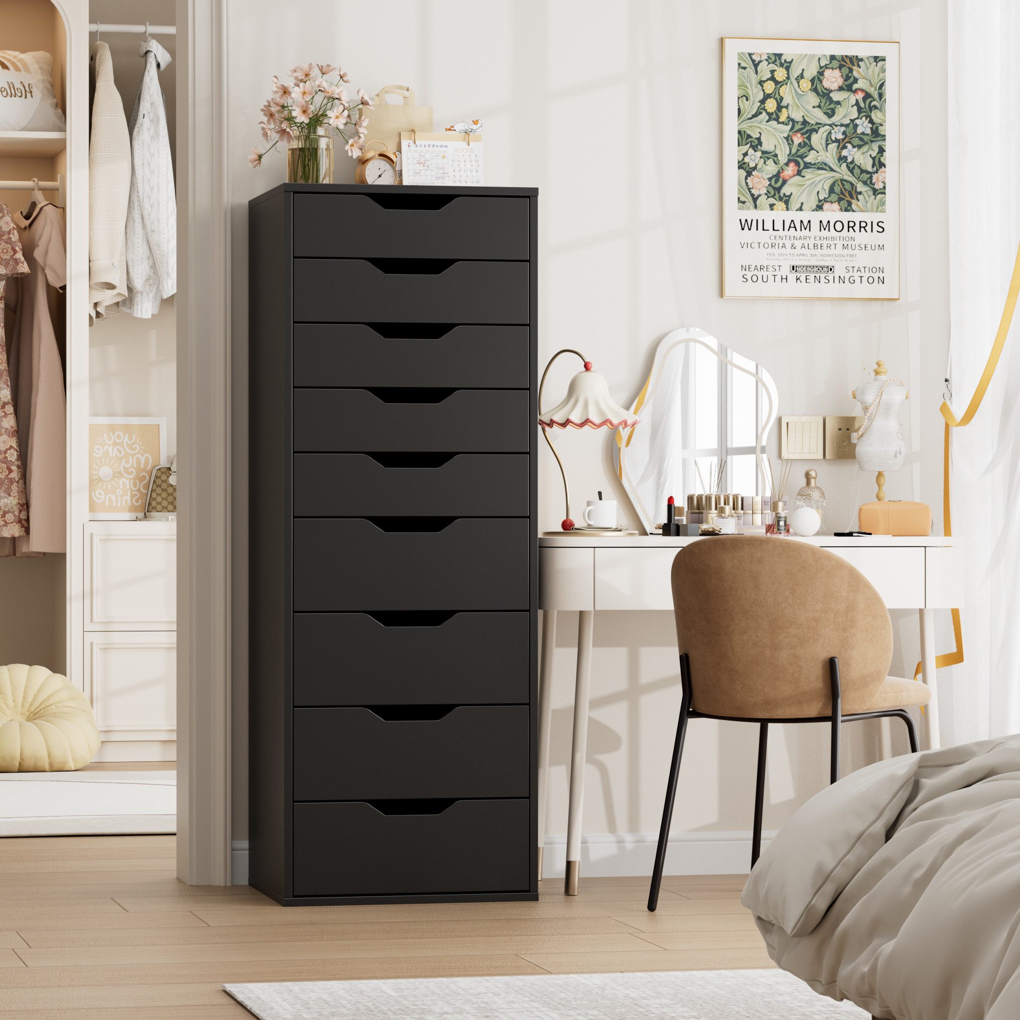 Homfa Kommode Schubladenschrank, Hochkommode, mit 9 Schubladen, schmal, schwarz, 45x40x124 cm