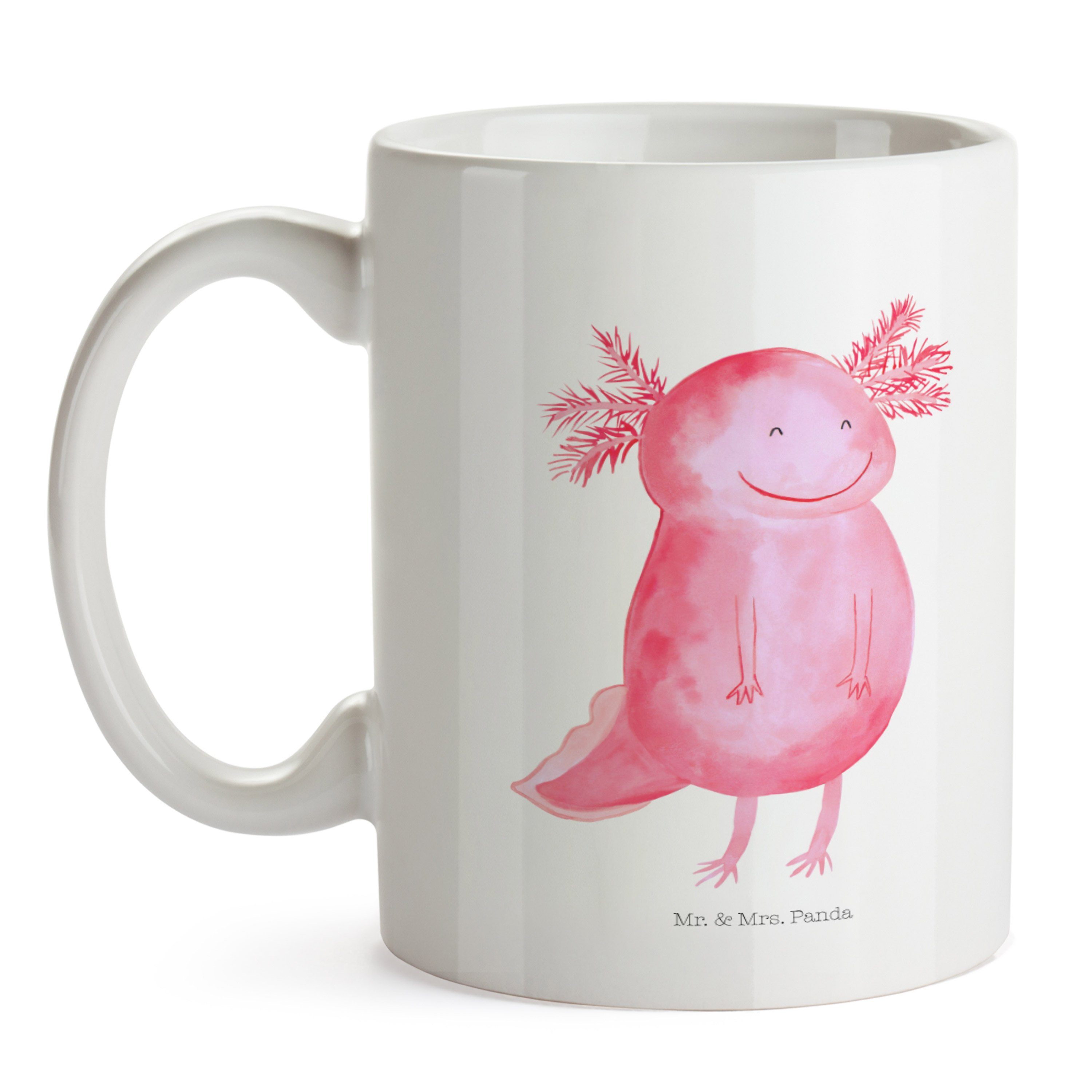 Geschenk, Mr. Panda - Keramik Keramiktass, - Tasse, Lurch, & Molch, Mrs. Tasse Axolotl glücklich Weiß