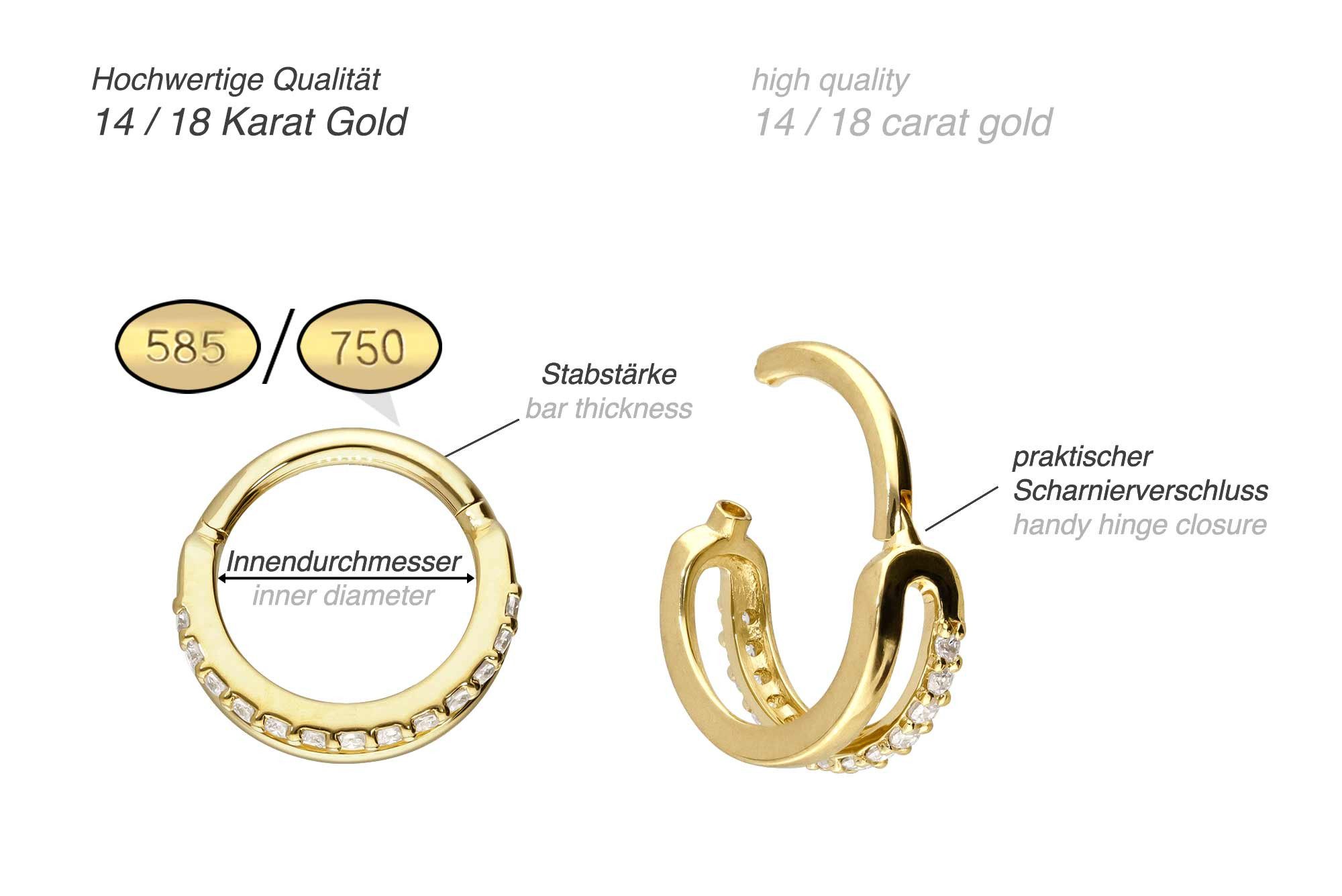 PIERCINGLINE Nasenpiercing 14/18 Karat Gold Segmentring Clicker EINGEFASSTE MOISSANITE + (Clicker, 1-tlg), Ohrpiercing für Conch, Helix, Tragus, Daith, Lobe