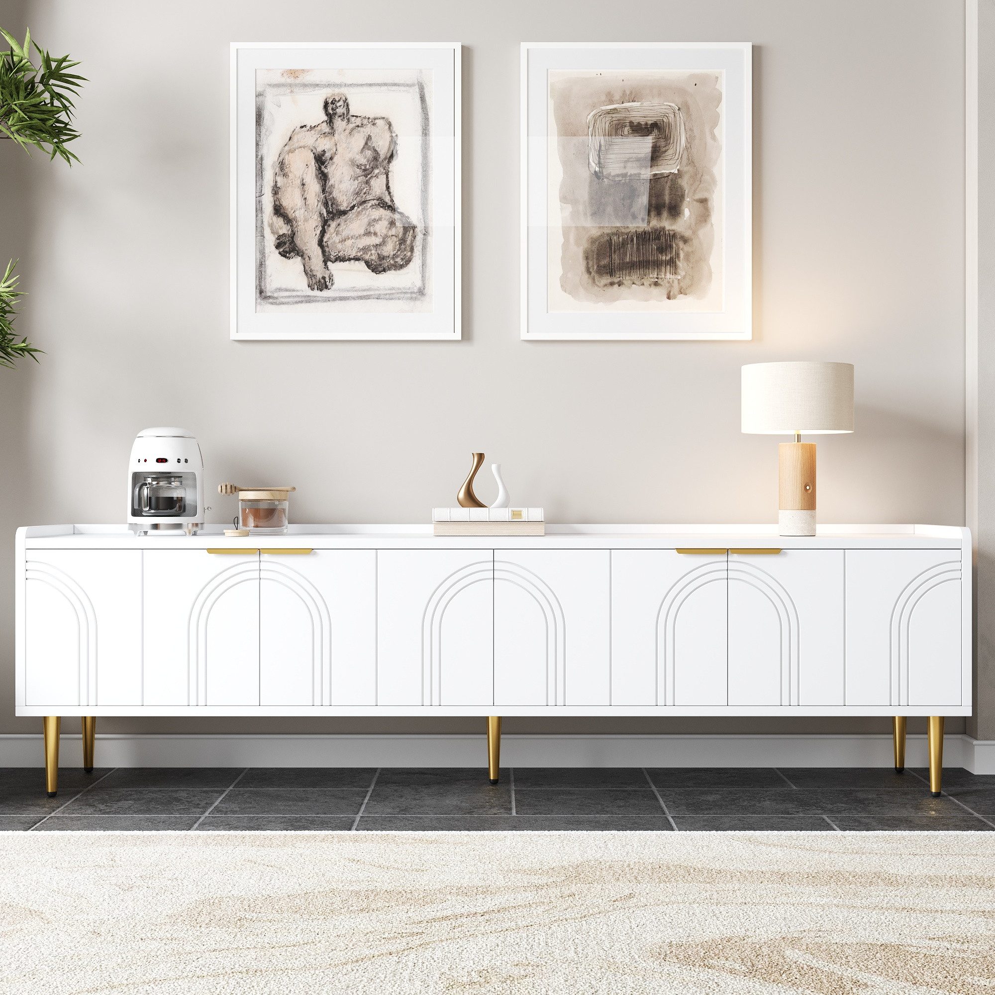 Merax Lowboard mit 3D-Türdesign (Fernsehschrank, 1 St., Stilvoller Stauraum für Wohnzimmer, Entertainmentbereich & mehr), TV-Schrank mit goldenen Griffen & Metallfüßen, 170x35x47.5 cm