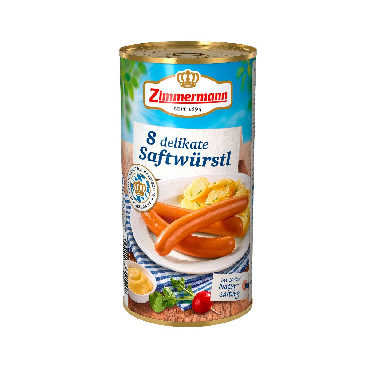 Zimmermann Wurstkonserve, Zimmermann delikate Saftwürstl Bockwürste 8 Stück ATG 250g Dose 565g