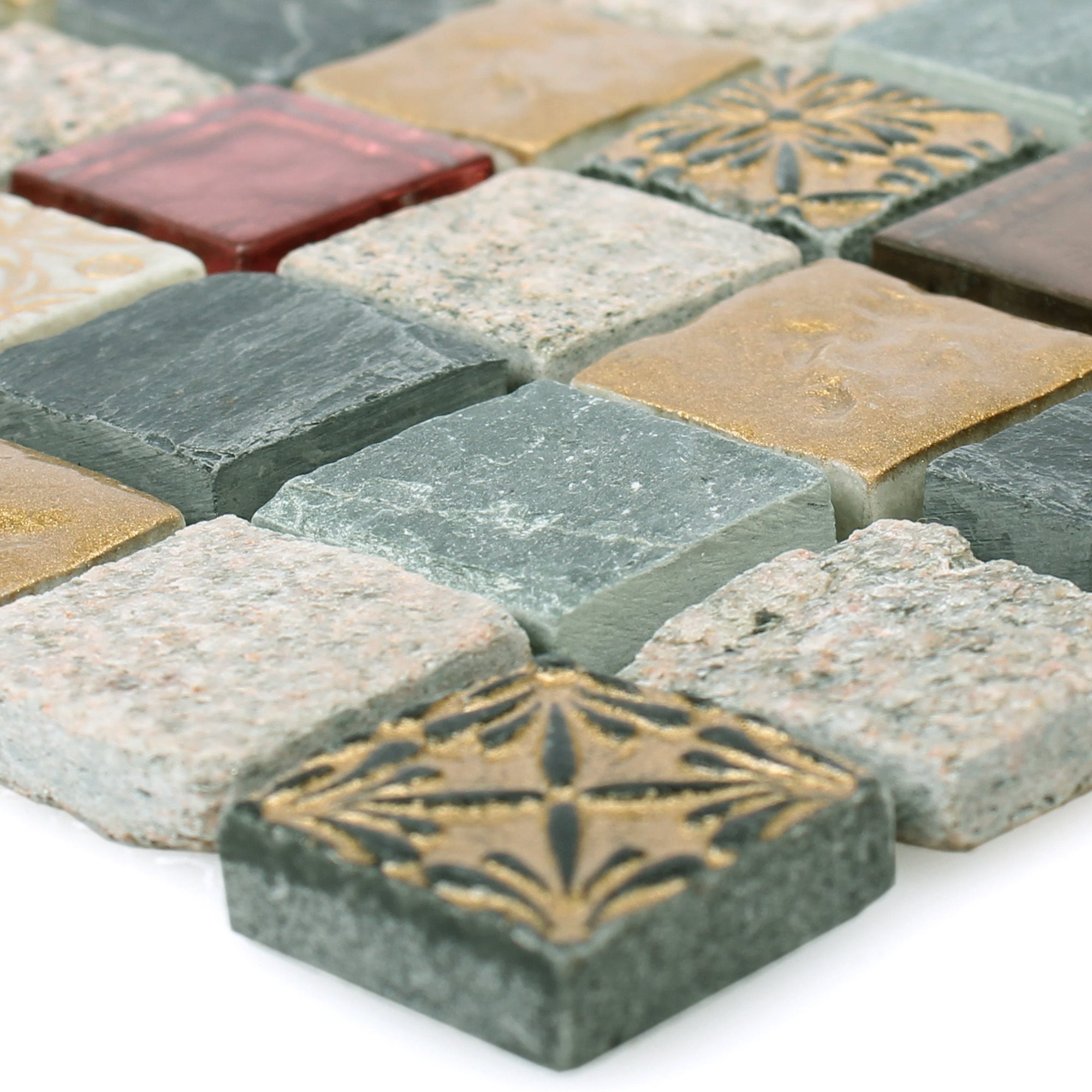Mosafil Mosaikfliesen Mosaikfliesen Glas Naturstein Mix Sulluna Gold Grau, Naturstein-Glas 30.000x30.000, schwarz-gold-grau, Verlegefertig auf ein Netz geklebt