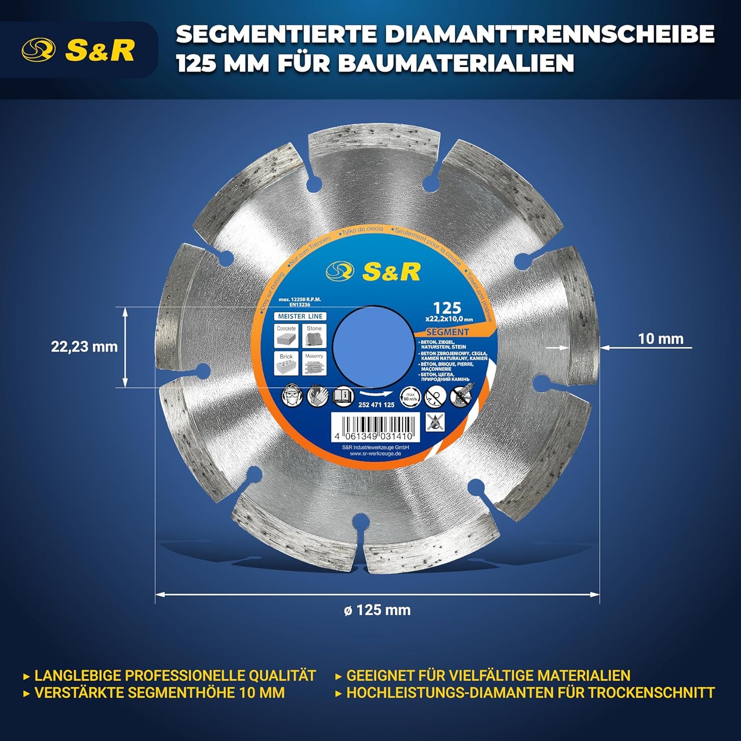 S&R Diamanttrennscheibe 125 x 22,2 mm, Profi Qualität, Hochleistungs-Segmente, UNIVERSAL, Ø 125 mm, zum Trennen von Beton, Naturstein, Stein, Ziegel, Mauerwerk