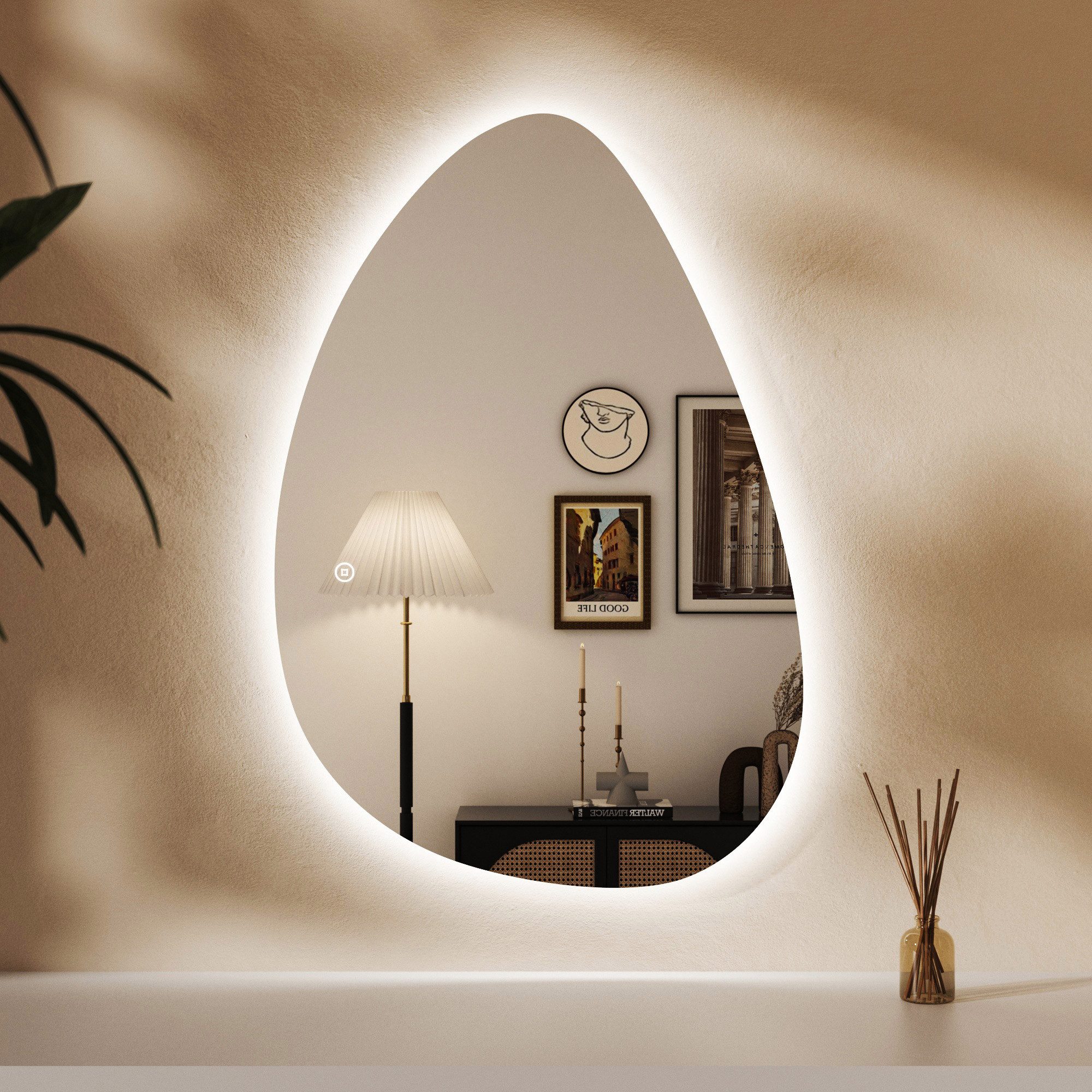 WDWRITTI Schminkspiegel Wand Kosmetikspiegel Wandspiegel Asymmetrisch Rahmenlos Wassertropfen (Dekospiegel Flurspiegel Modern Rahmenlos, 65x90, 55x80, 45x70cm), HD Spiegel mit Splitterschutzfolie