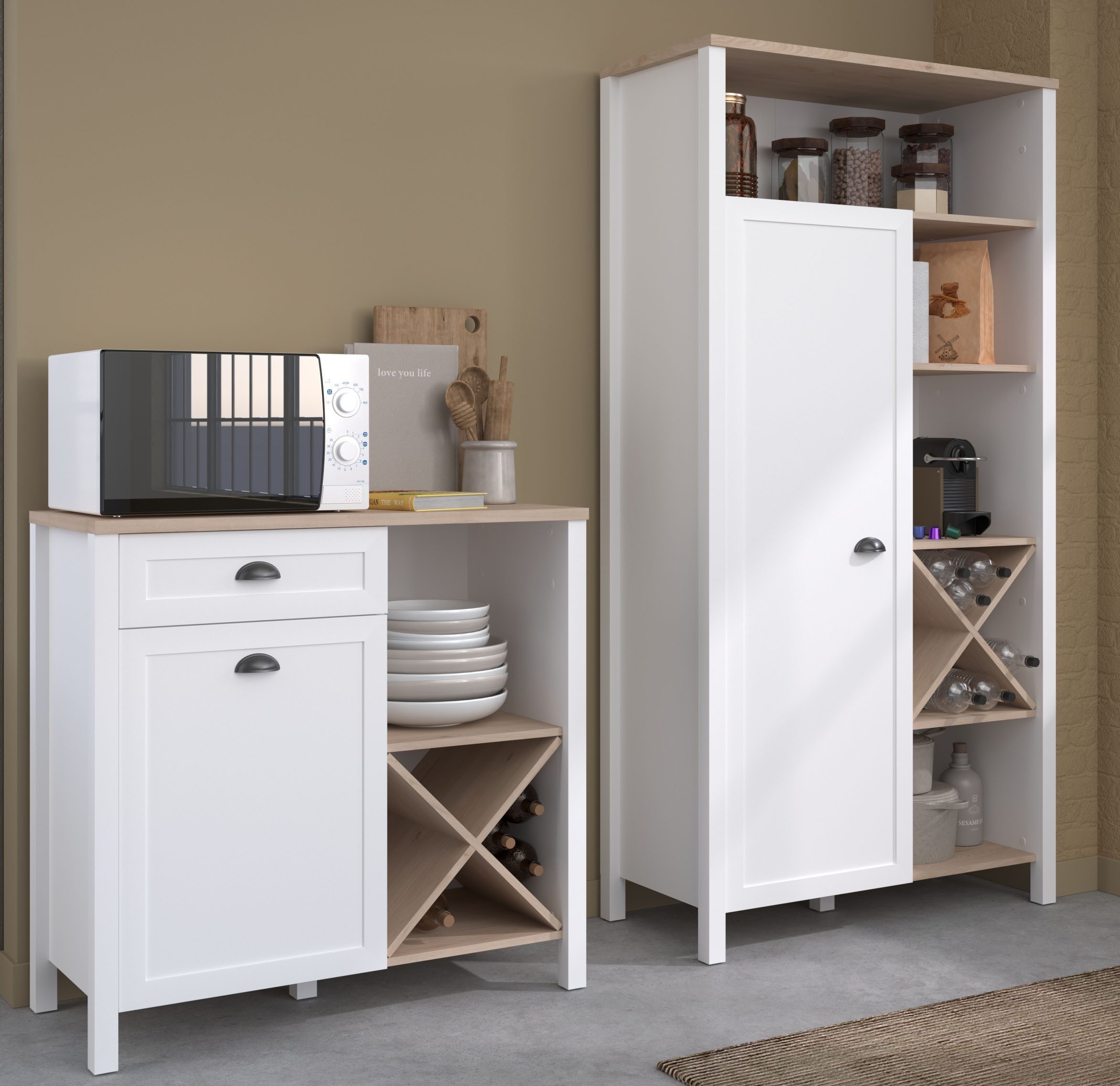 Parisot Schrank-Set Cottage 1, (Set, 2-St., Buffet Schrank und Beistellschrank), Viel Stauraum, Flaschenregal, Metallgriffe, MDF, melaminbeschichtet