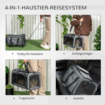 PawHut Tiertransportbox Haustiertrolley Hundebox, Transporttasche mit Teleskopgriff und Rädern bis 10 kg, 3-in-1 Katzentasche