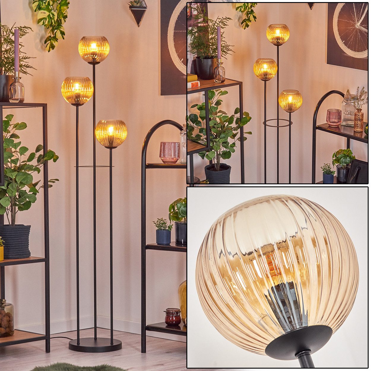 hofstein Stehlampe Stehlampe aus Metall/Riffelglas in Schwarz/Bernsteinfarben/Klar, ohne Leuchtmittel, Stehleuchte im Retro-Design m. Glasschirmen (15cm), Fußschalter, E14