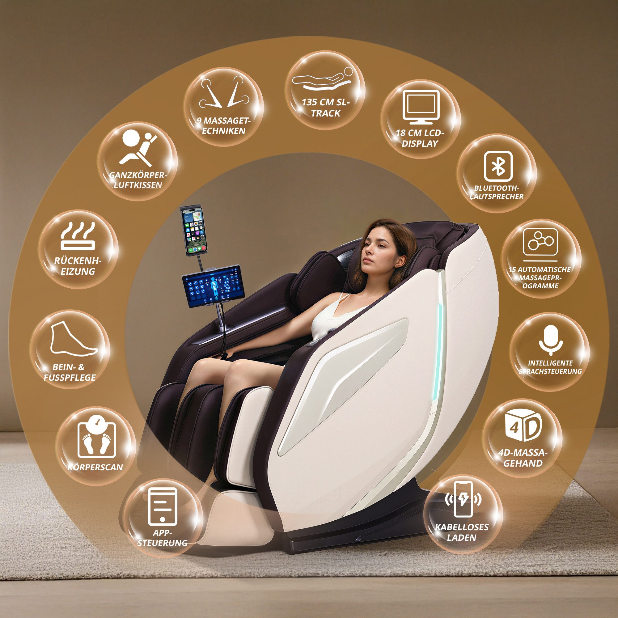 HealthRelife Massagesessel Luxuriöser Entspannungsstuhl, 15 Massage-Modi, Yoga-Stretching (1-St), 55 Zoll SL-Track