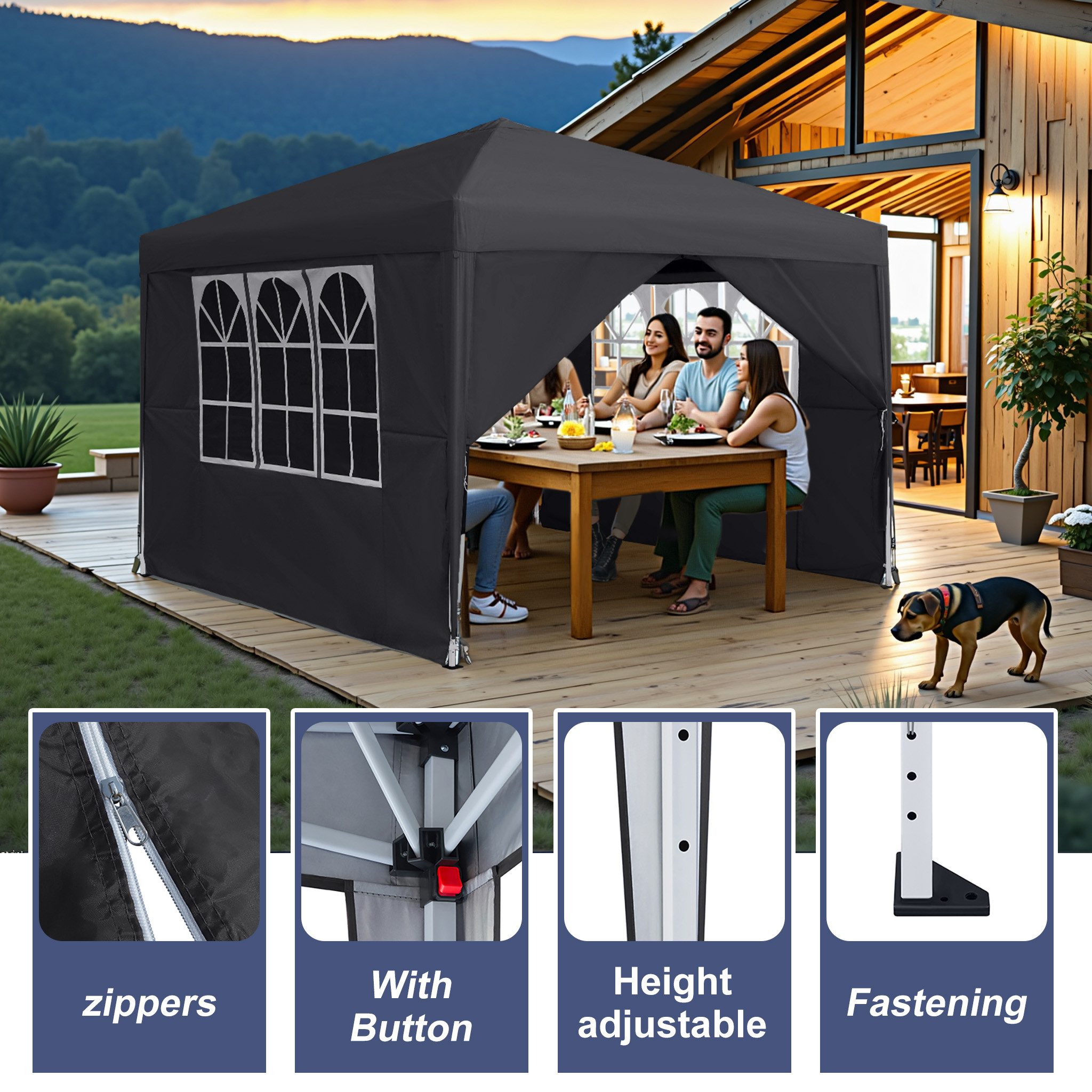 FIVMEN Partyzelt 2.5x2.5m Faltpavillon Gartenpavillon mit 4 Seitenteilen und Fenstern