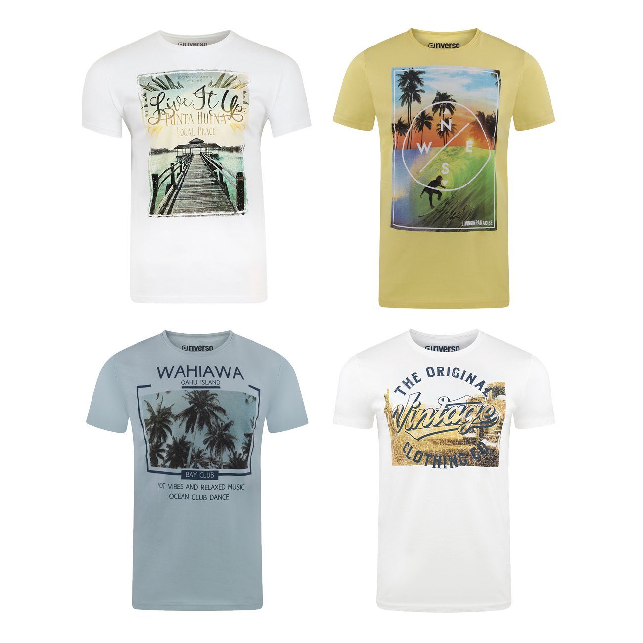 riverso T-Shirt Herren Printshirt RIVLukas 4er Pack Regular Fit (Vorteilspack, 4-tlg) Kurzarm Tee Shirt mit Rundhalsausschnitt aus 100% Baumwolle