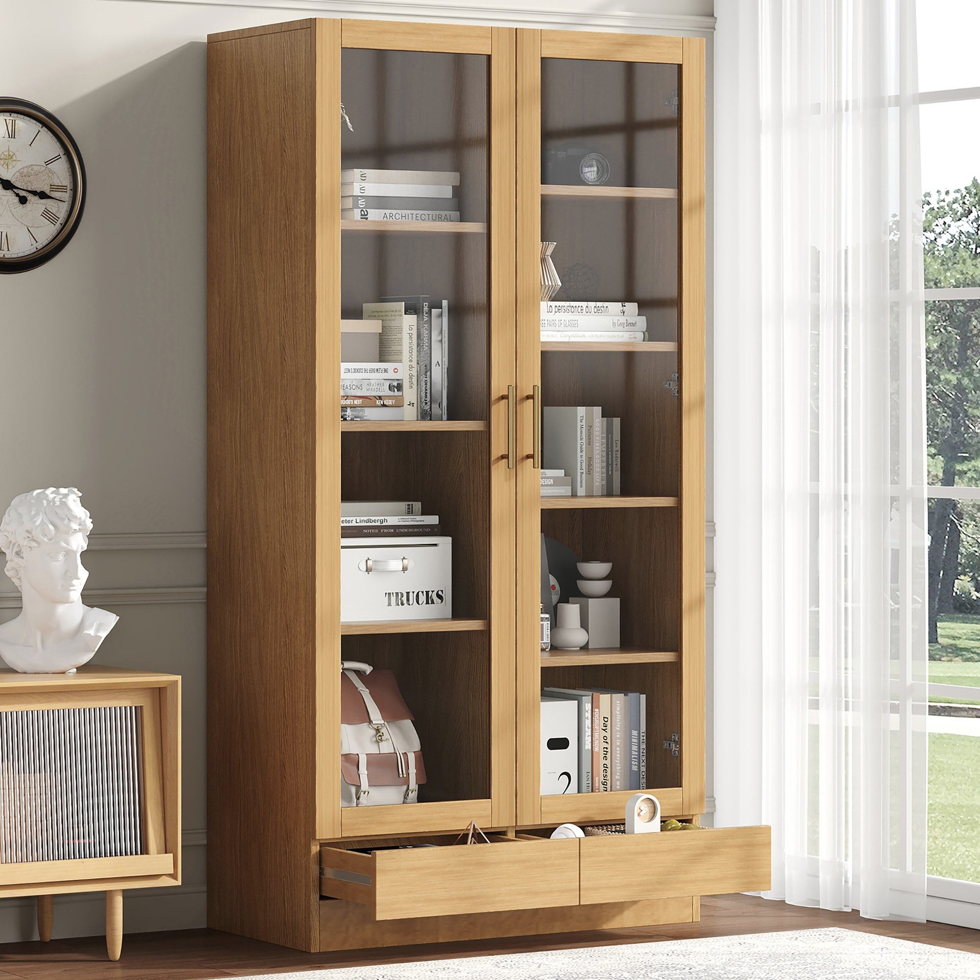 Flieks Glasvitrine Bücherregal mit 2 Glastüren und Schubladen (80x40x160 cm, 1-St) Hochschrank Aktenschrank Mehrzweckschrank mit 9 Fächern Holzoptik