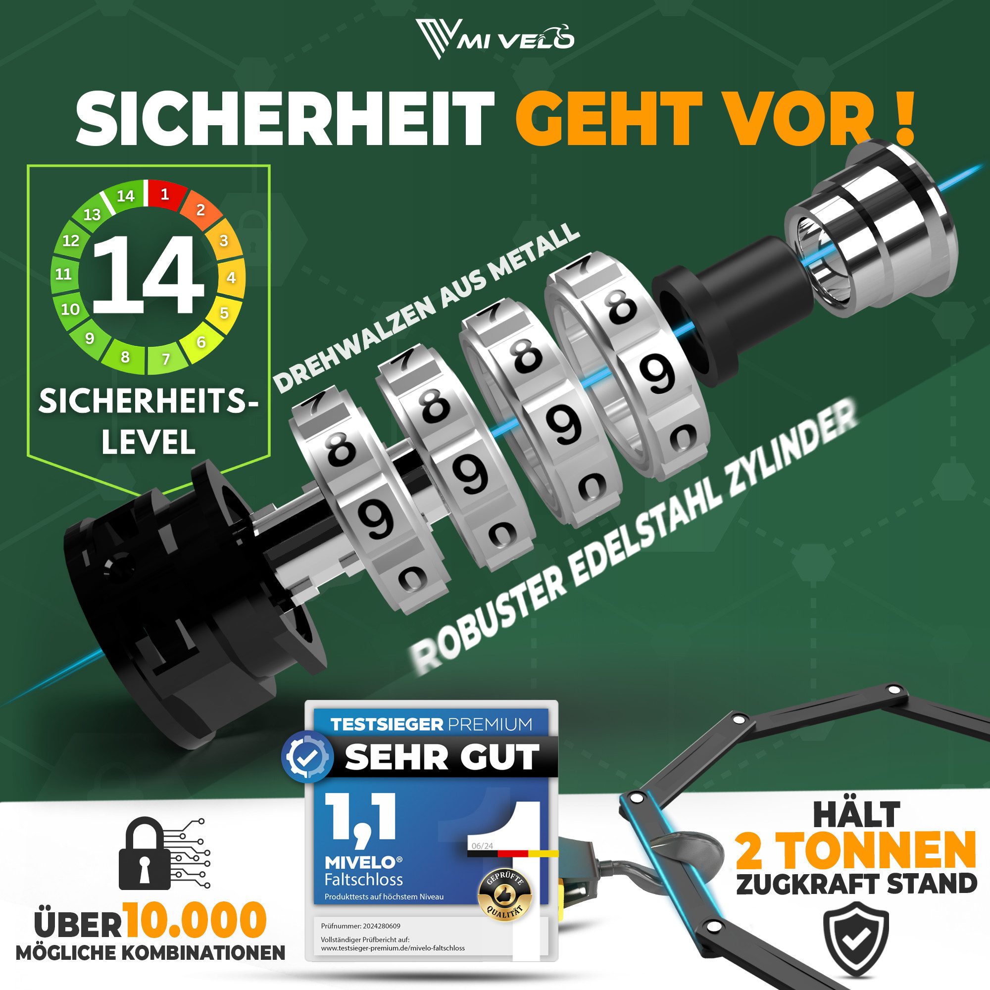 MIVELO Faltschloss MIVELO FAHHRADSCHLOSS extrem sicher mit Zahlencode, Sicherheitslevel 14