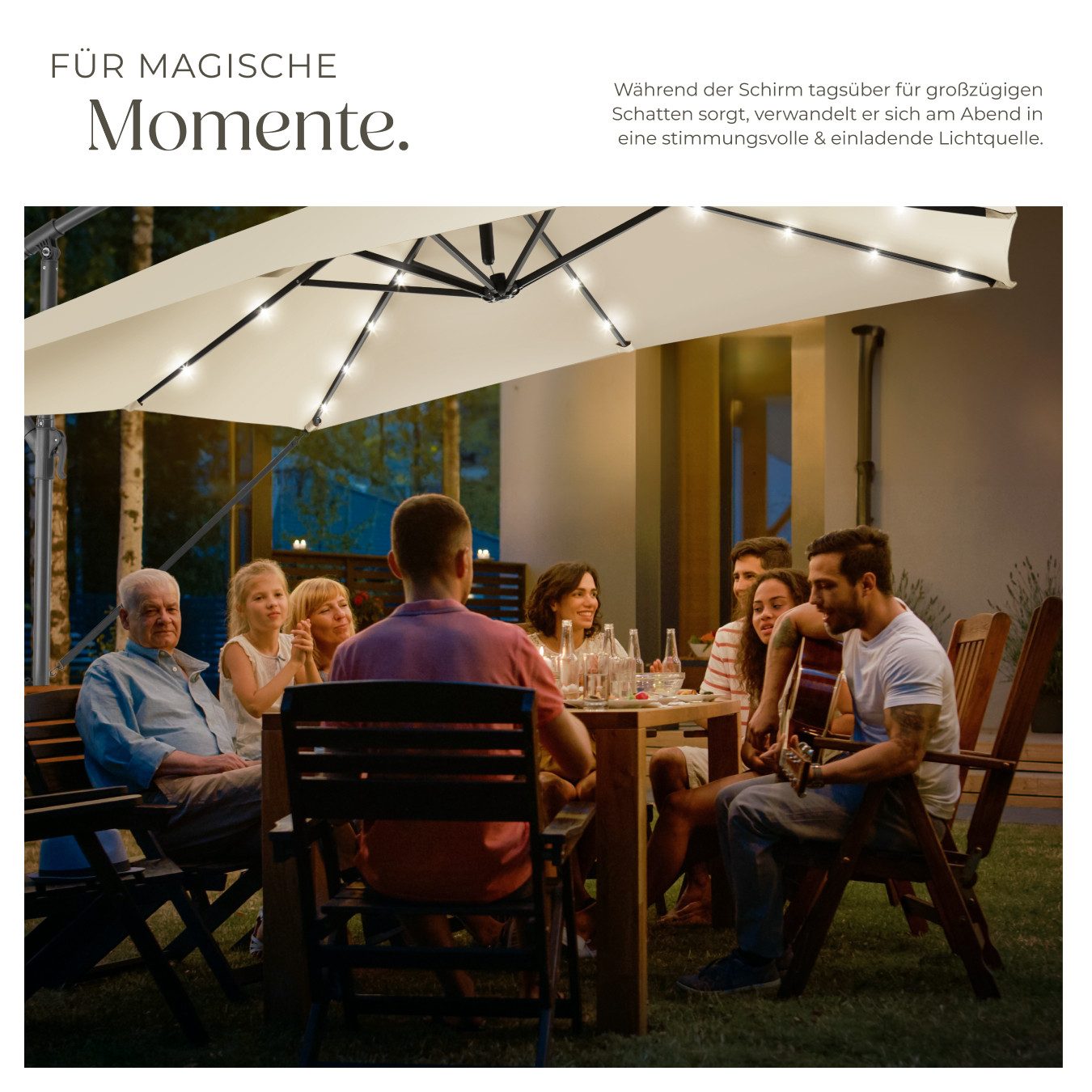 tectake Ampelschirm Sonnenschirm mit LED Solar-Beleuchtung und Winddach, 250 x 250 cm, Balkonschirm Sunna, für Außen in Beige, neigbar, wasserabweisend, inkl. Windsicherung und Schutzhülle