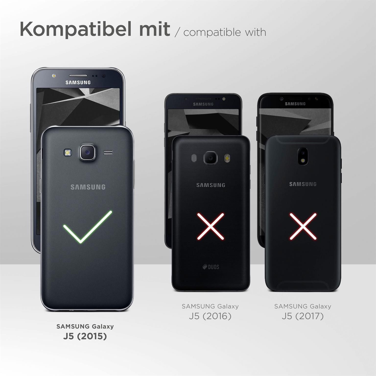 moex Handyhülle für Samsung Galaxy J5 (2015) Hülle Klappbar Book Case Schwarz 5 Zoll, Klapphülle Kartenfach Flip Cover Handytasche Leder Optik Schutzhülle