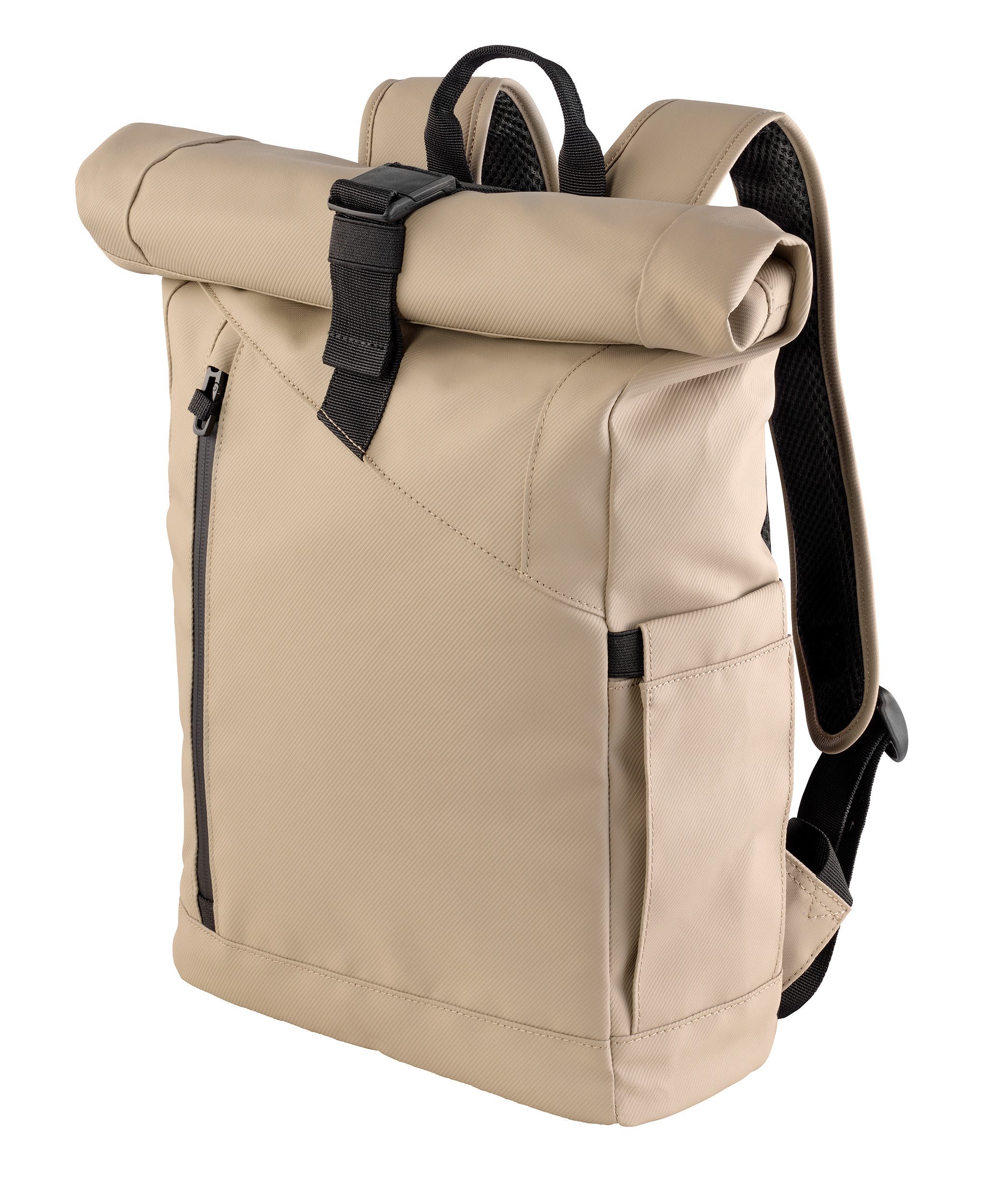 TROIKA Rucksack ROLL TOP COMPACT mit Laptopfach 17 Zoll und Magnetverschluss (1-tlg), URBAN SAND, in Sandfarben/Schwarz, spritzwassergeschützt (IPX4)