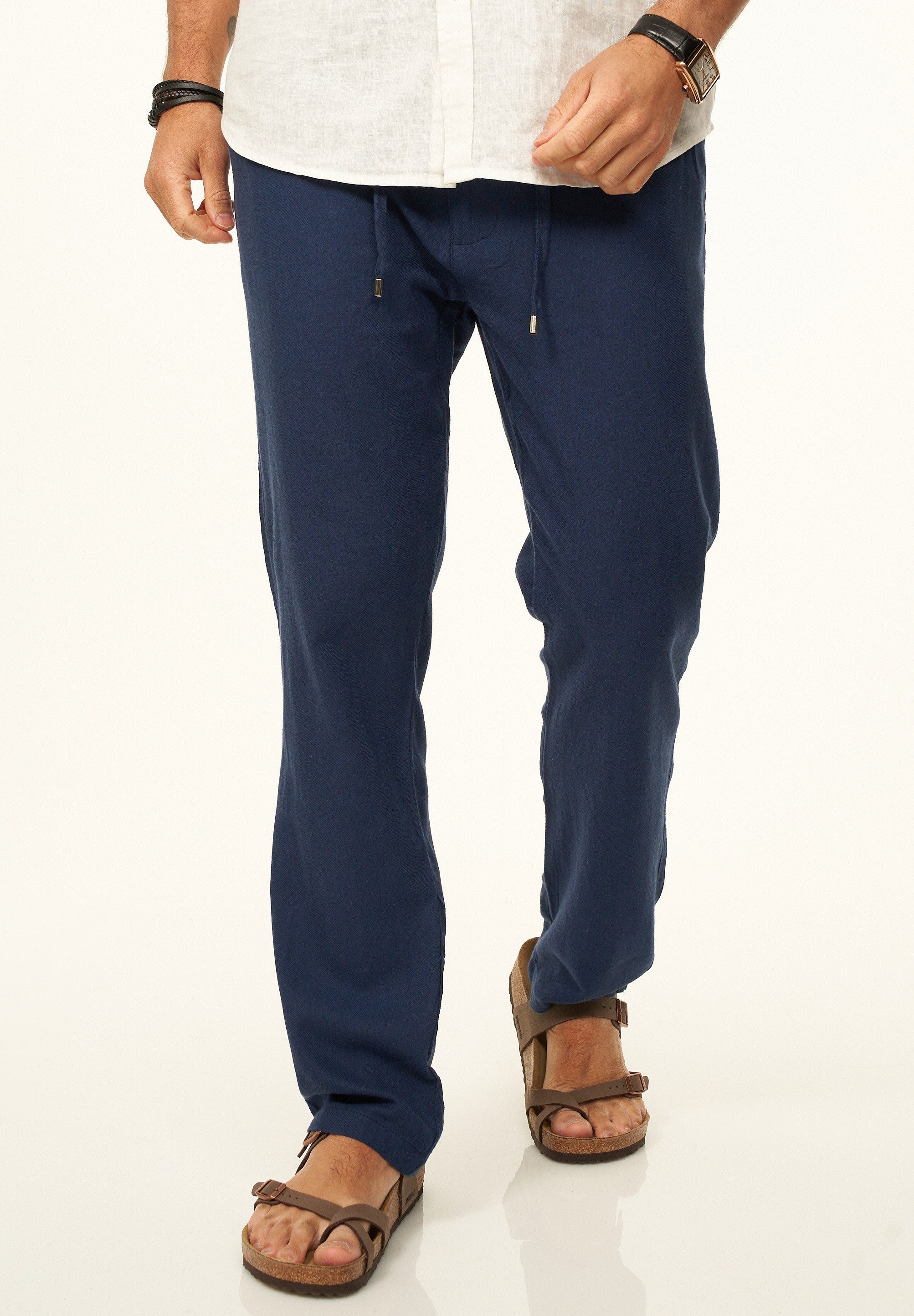 behype Leinenhose im Chinohosen Stil mit Gummibund & Kordel Herren luftige Stoffhose als Sommerhose - Freizeithose