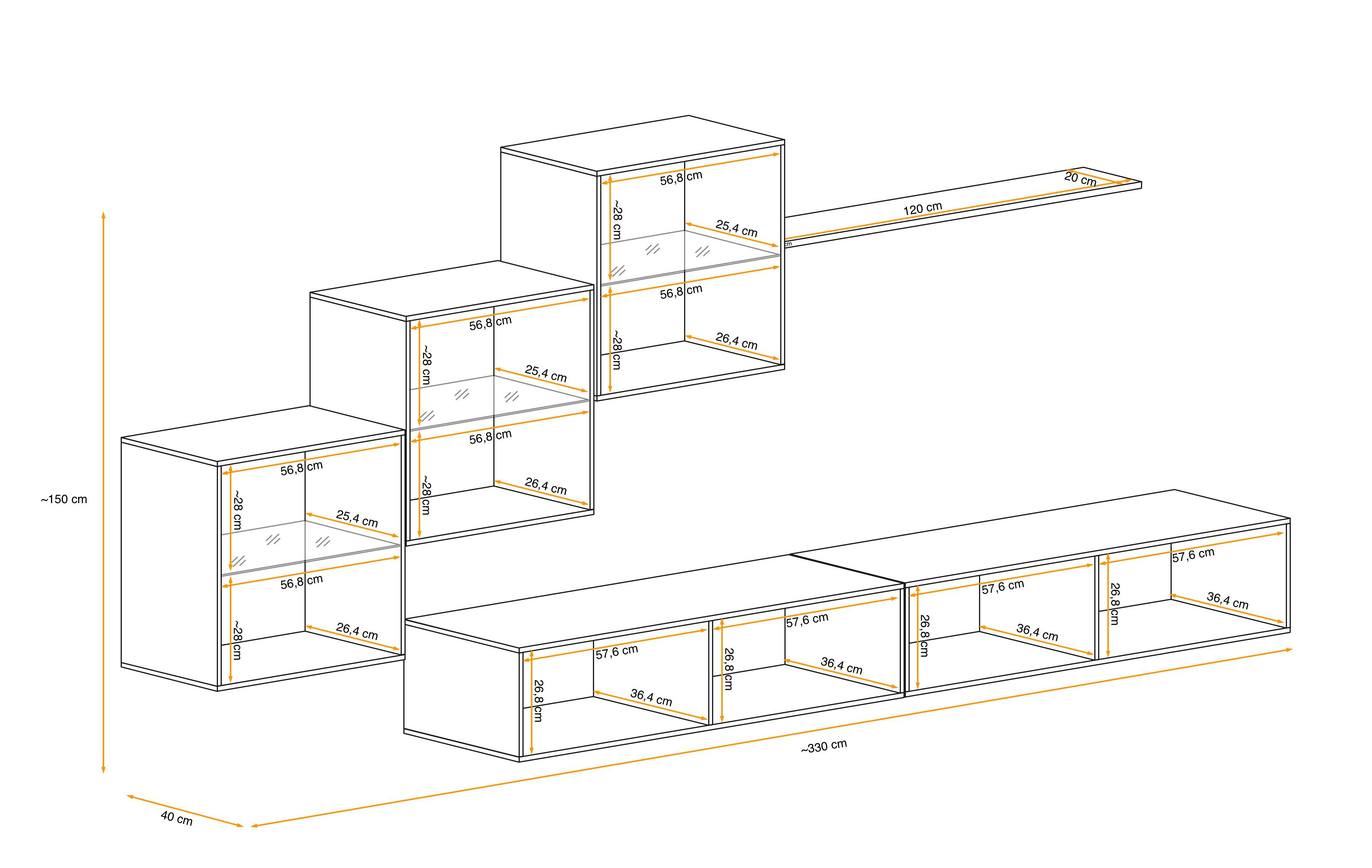 Wotan 3×Wandschrank, XX Graphit L, - bestehend hängend 2×Lowboard, (6 St), 1×Wandboard, Wohnwand Stylefy aus Eiche Wohnzimmer-Set), Swotch (Set