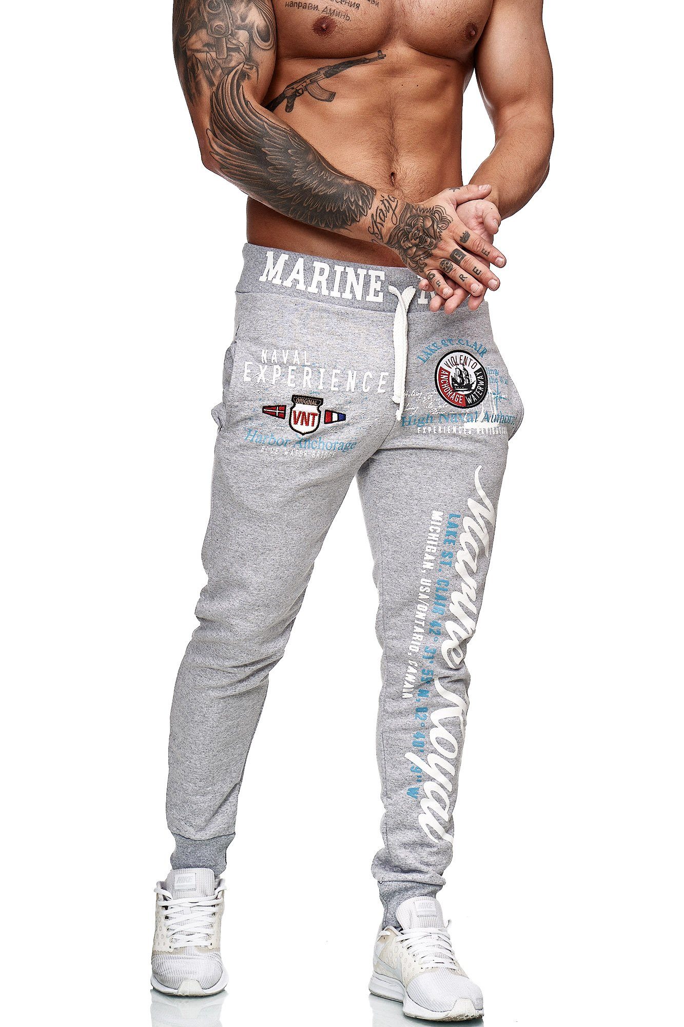 L.gonline Jogginghose Herren Sporthose mit (Sweatpants, Baumwolle, JoggingHOSE Casual Freizeit Grau 1-tlg) lang, Trainingshose Fitness Weiß