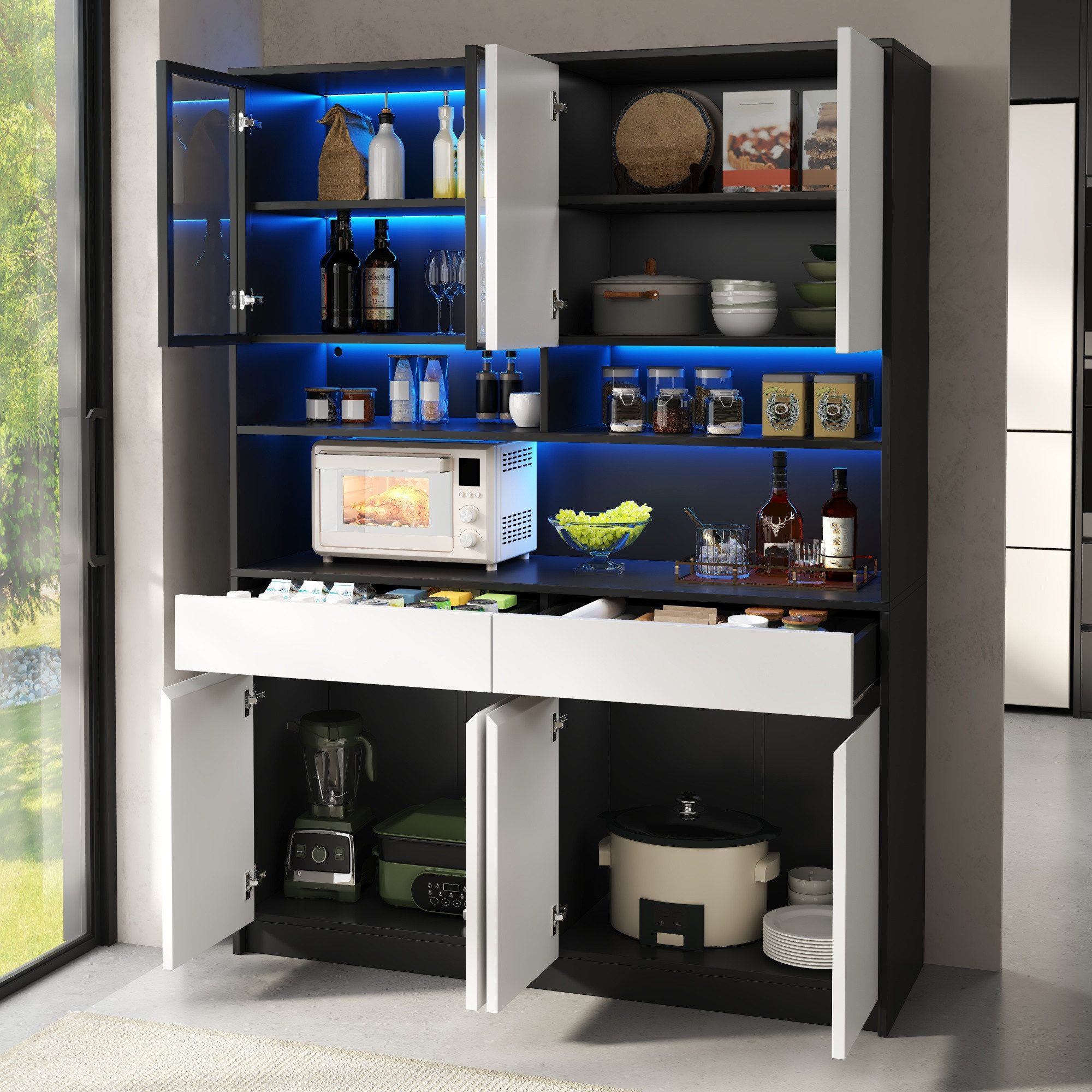 Merax Hochschrank mit LED-Beleuchtung, Glasvitrine, offenen Ablagen & Stauraum (1-St., 120 x 38 x 160 cm (L x B x H) Wohnzimmerschrank Sideboard Schrank mit APP – Bild 4 von 5
