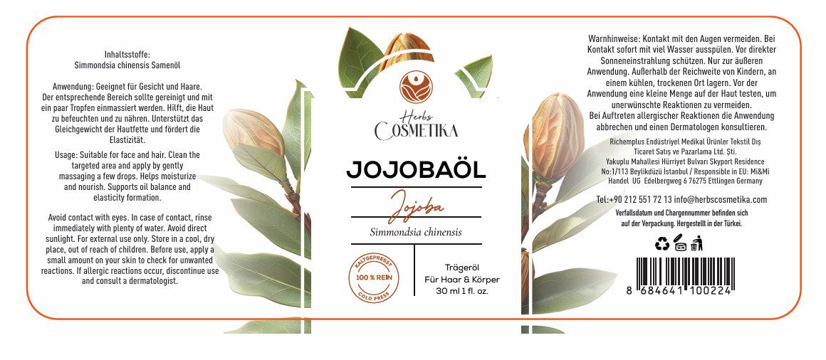 Herbs Cosmetica Körperöl Jojobaöl – 100 % rein, kaltgepresst, Haar & Haut, mit 50 ml Inhalt