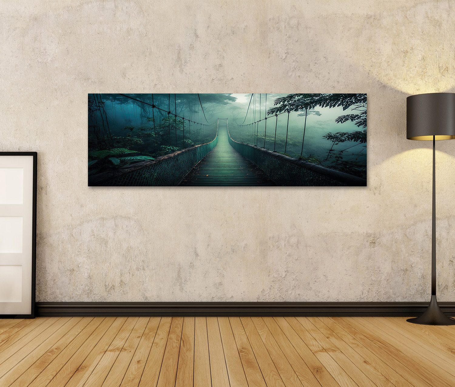 islandburner Leinwandbild Hängebrücke Grün Nebliger Dschungel günstig online kaufen