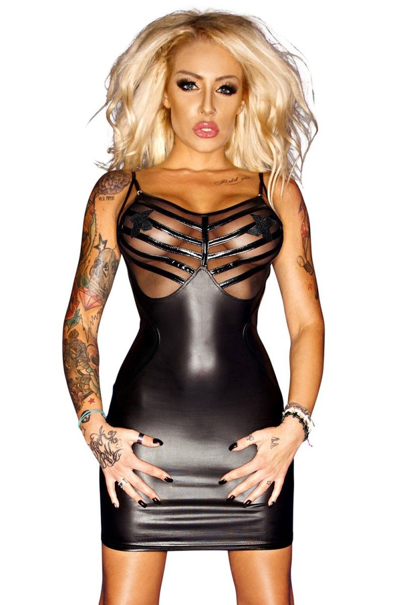 Minikleid Noir Handmade Schwarzes Wetlook-Kleid F078 - (L,M
