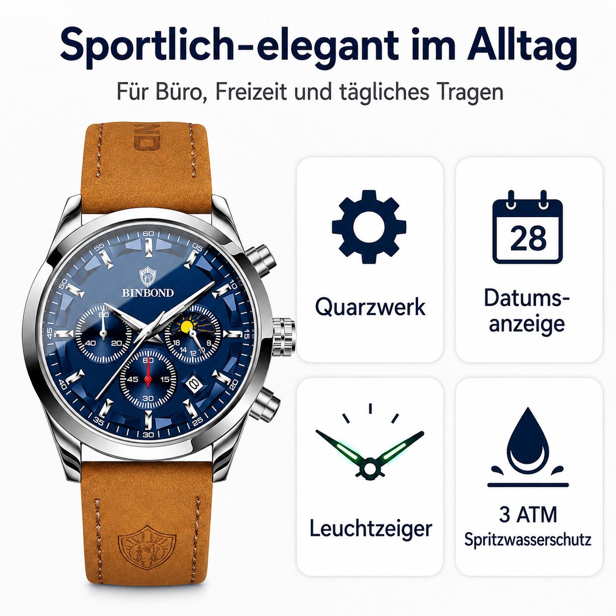 ibettertec Quarzuhr Herren Armbanduhr 42 mm, analoge Quarzuhr mit blauem Zifferblatt, (Multifunktionsuhr Armbanduhr, Chronograph Herrenuhr), Datumsanzeige, Spaltlederarmband, 3 ATM