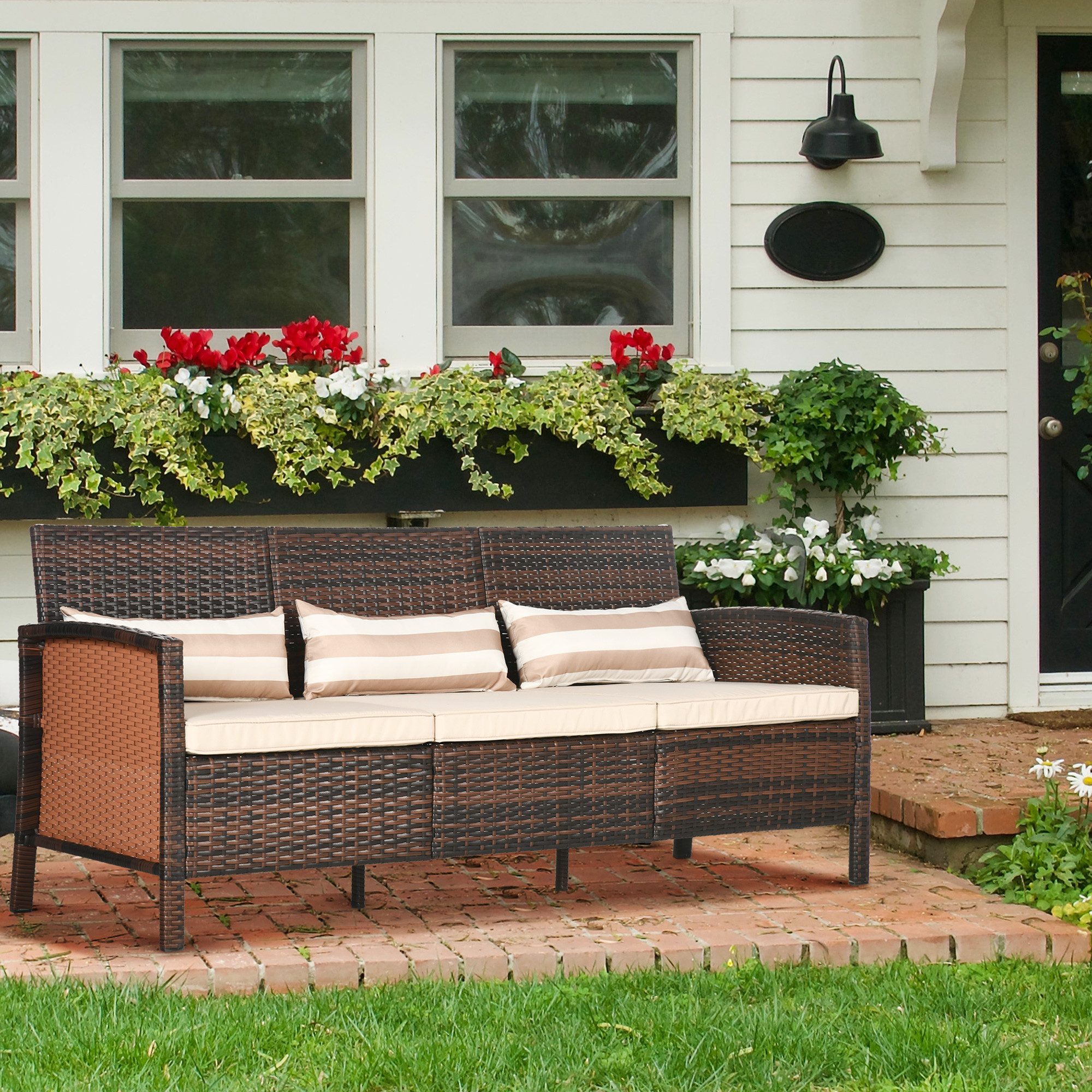 Outsunny Gartenbank Rattan Sofa mit Kissen (Gartenmöbel, 1-St., Garten Loun günstig online kaufen