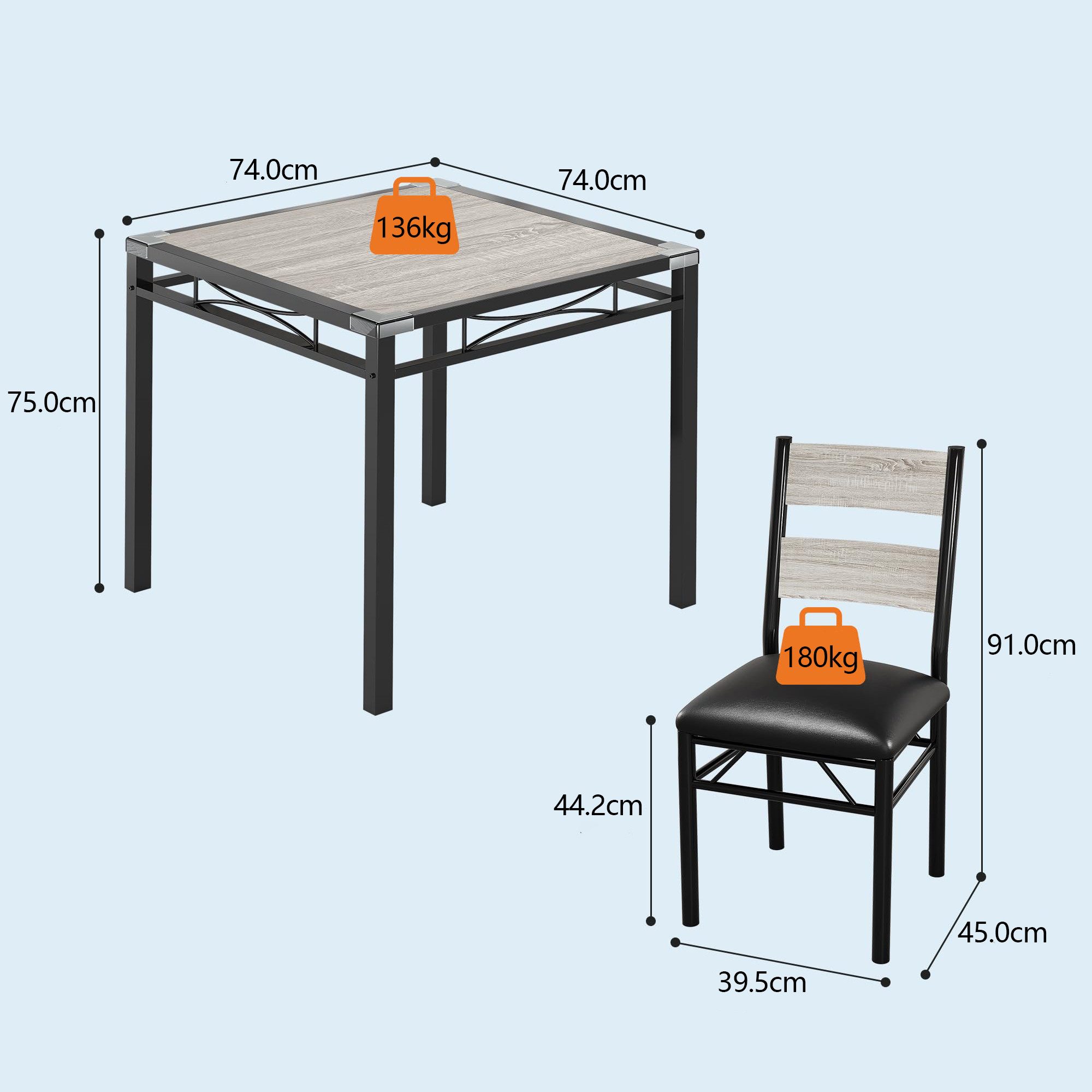 GarveeMore Essgruppe Esstisch und Polsterstühle für 2 Personen,Modernes, Eckenschoner, (3-tlg., 1 Tisch, 2 Stuhle), Küchentisch 74 x 74 x 75 cm, Stühle 40 x 45 x 91 cm