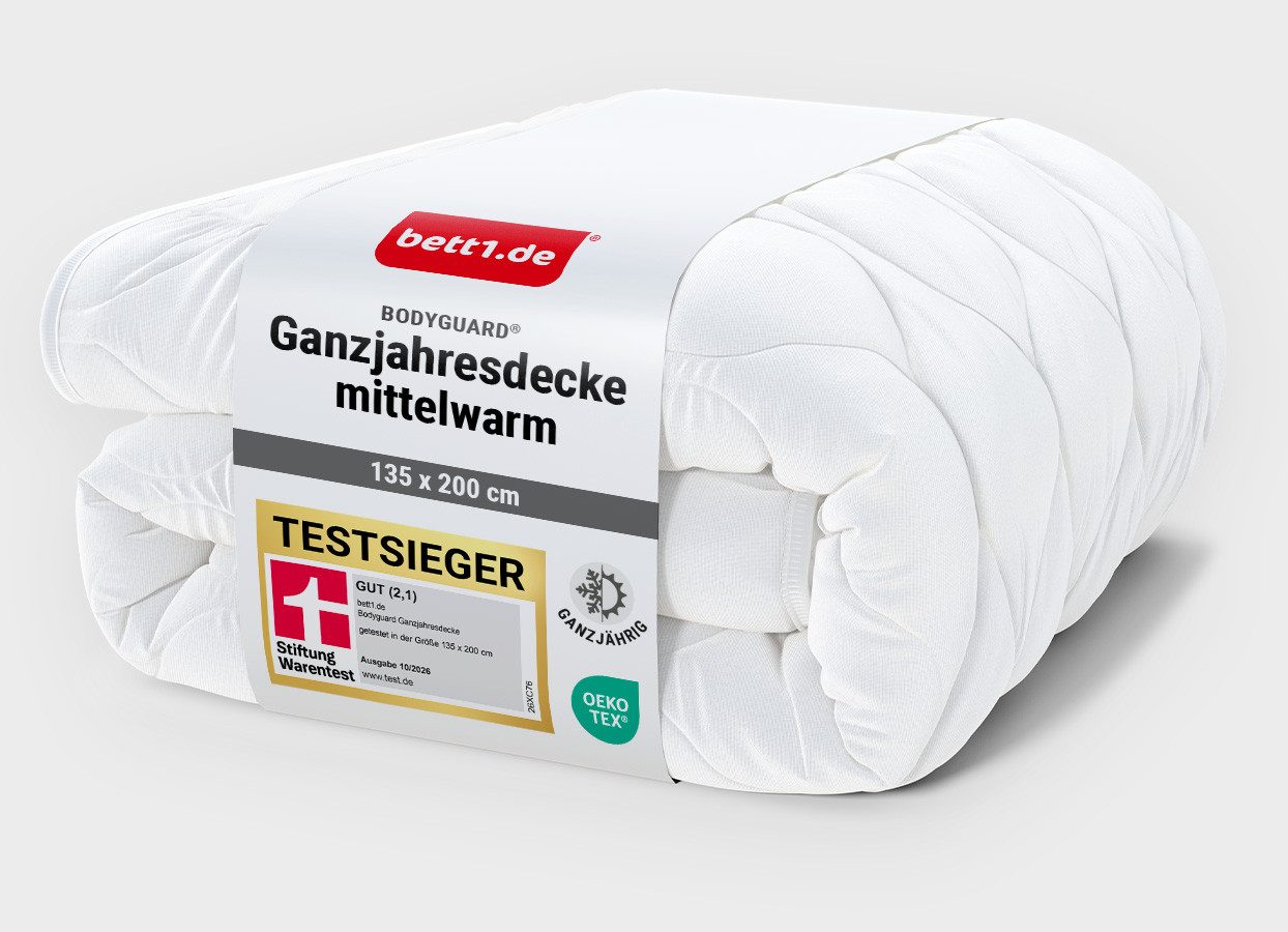 bett1.de Baumwollbettdecke BODYGUARD® Ganzjahresdecke mittelwarm, Decke für alle Jahreszeiten, Bezug: 100% Baumwolle, Füllung: 100% Polyester, waschbar bei 40° C