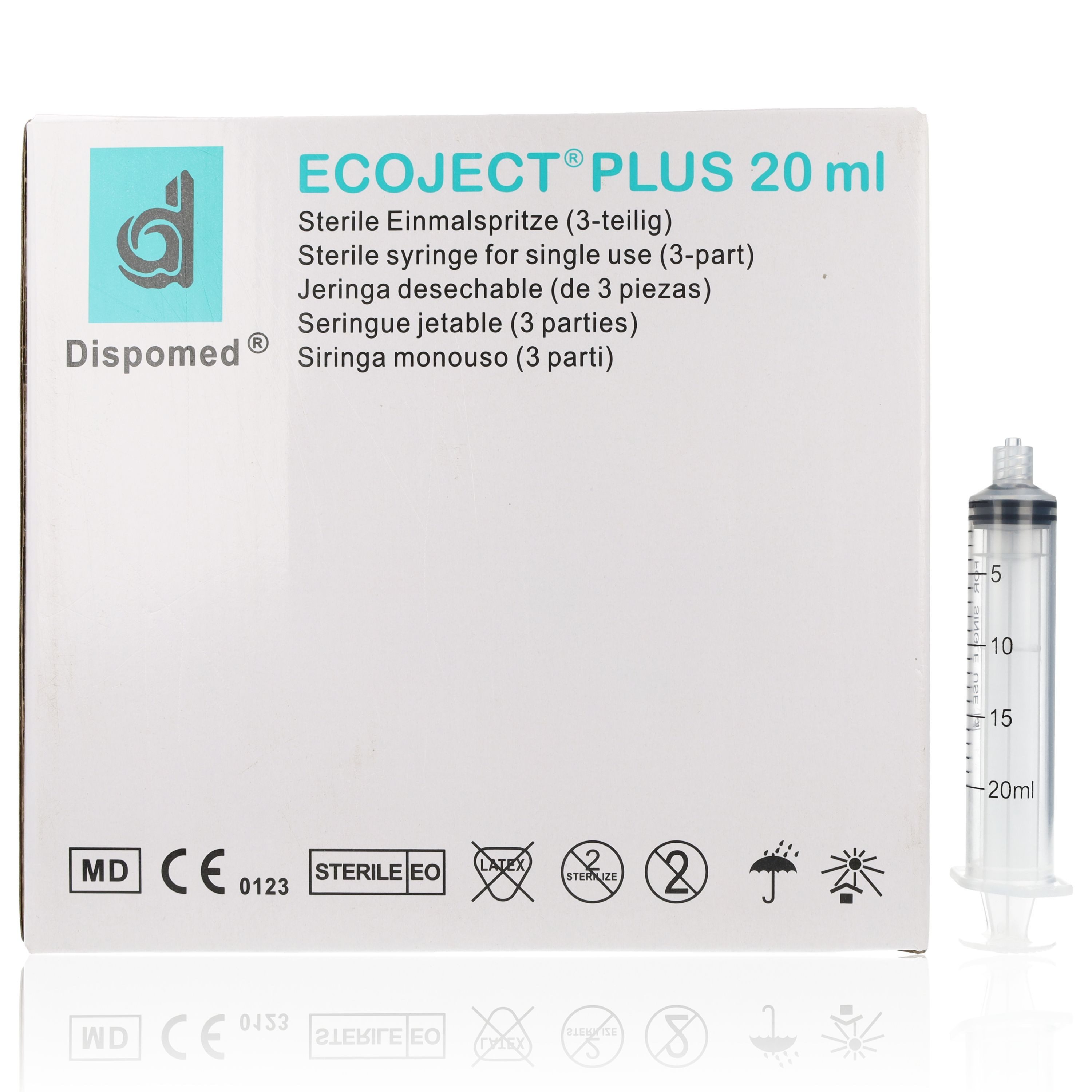 Dispomed Einwegspritze ECOJECT Plus 3-tlg Einmal-Spritzen 20ml 50 Stück, (Großpackung, 50-St., Luer-Lock Anschluss), für medizinische und nicht-medizinische Verwendung