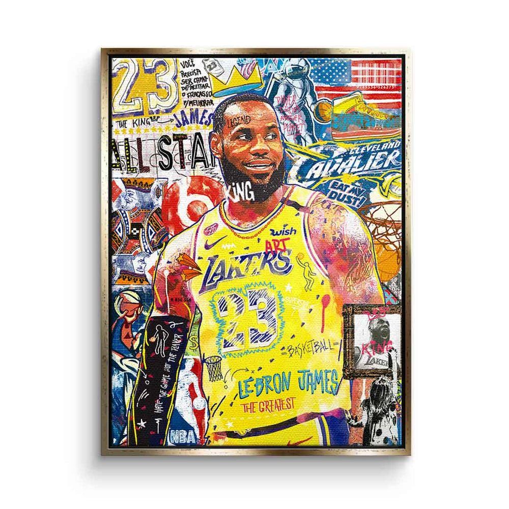 DOTCOMCANVAS® Leinwandbild, LeBron James Leinwandbild Lakers Basketball Pop Art Collage Porträt goldener Rahmen