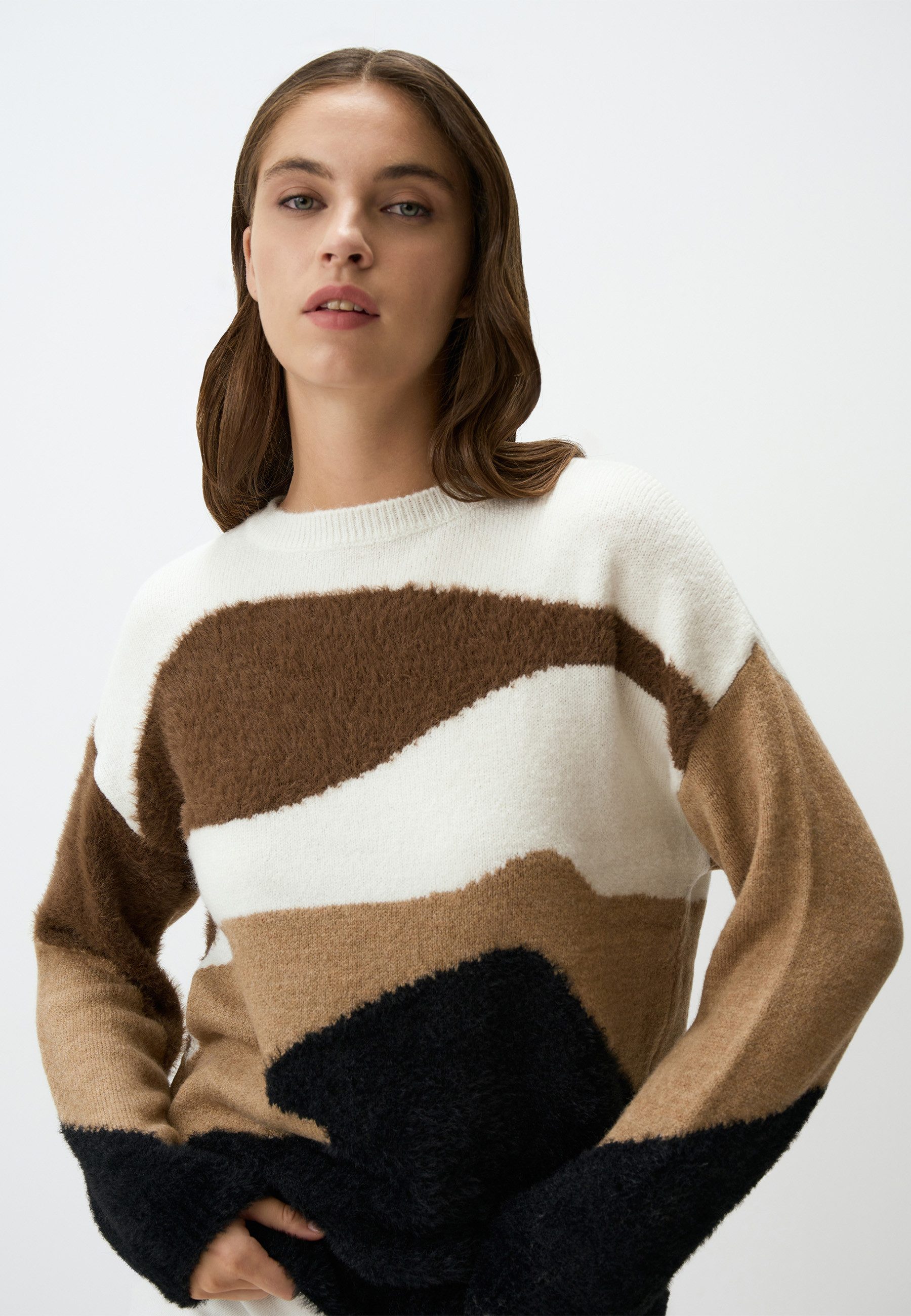 Strickpullover Rundhalsausschnitt Asymmetrisch Gemustert Langärmlig Pullover