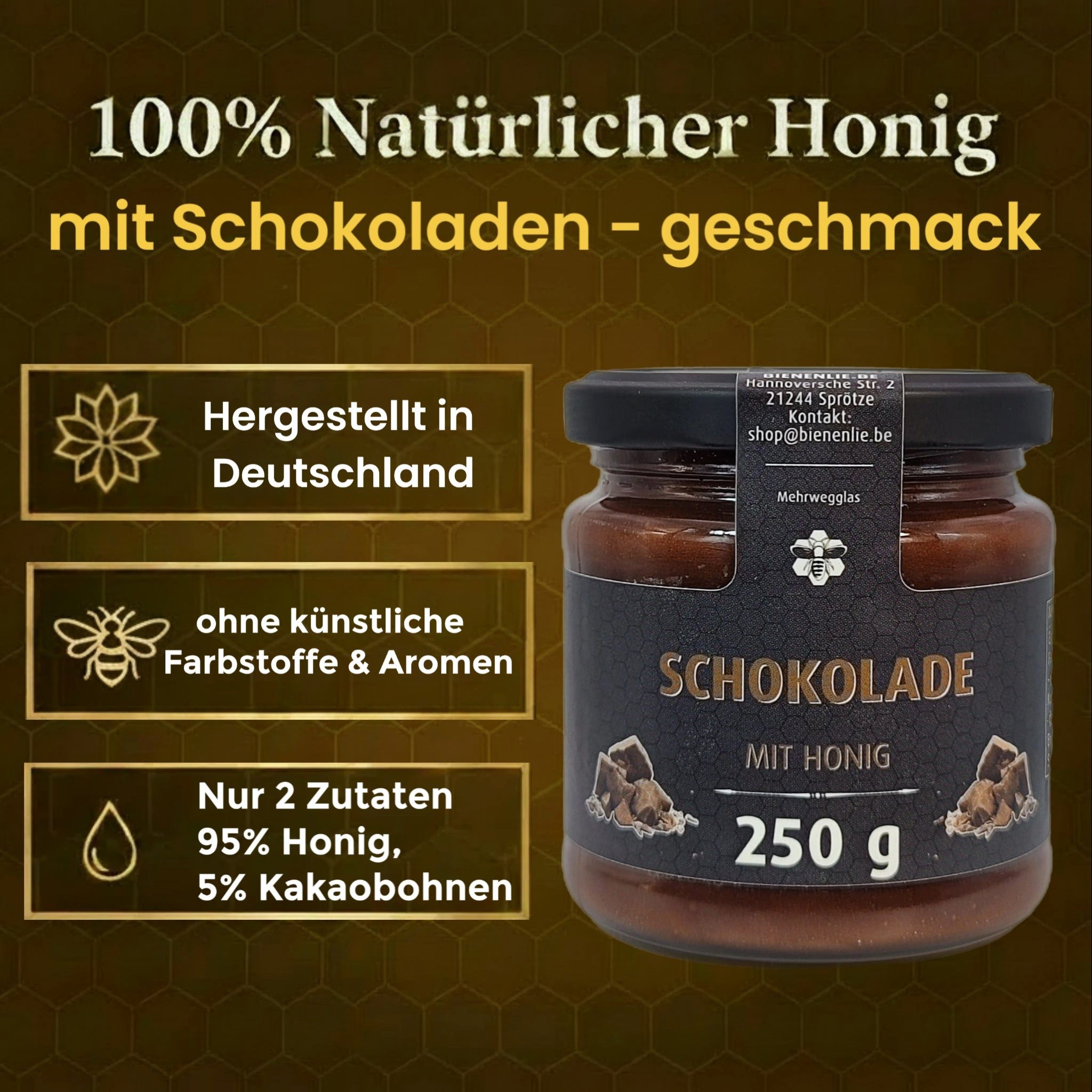 Imkerei BienenLie.be Honig Honig mit Frucht 3er-Set – Schokolade, Blaubeere & Vanille, 3 × 250g, 3 St. (Spar-Set), cremig und streichzarter Brotaufstrich direkt vom Imker