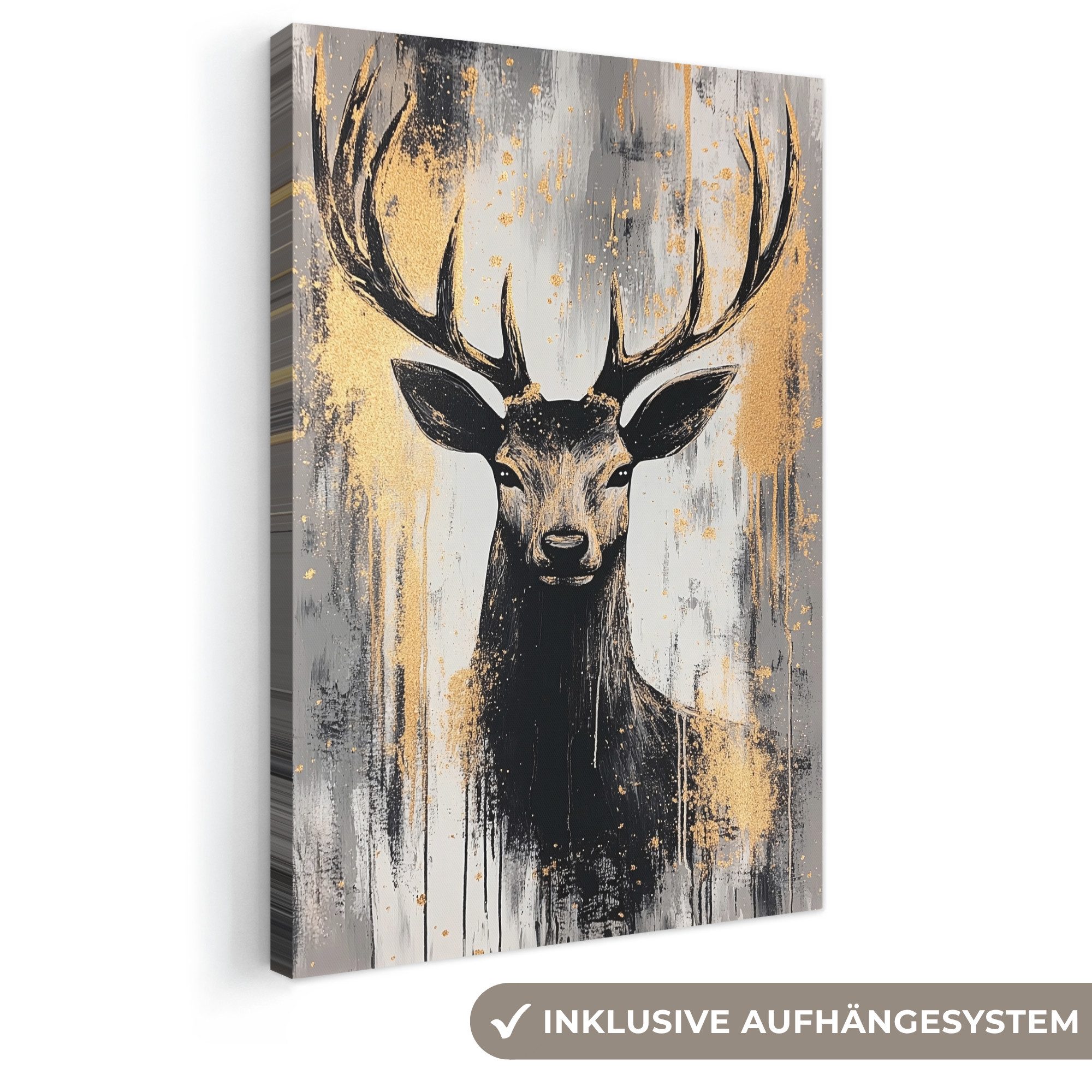 OneMillionCanvasses® Leinwandbild Abstrakt - Hirsch - Geweih - Gold, Fotodruck (1 St), Leinwand Canvas Wandbild, Wanddekoration 20x30 cm