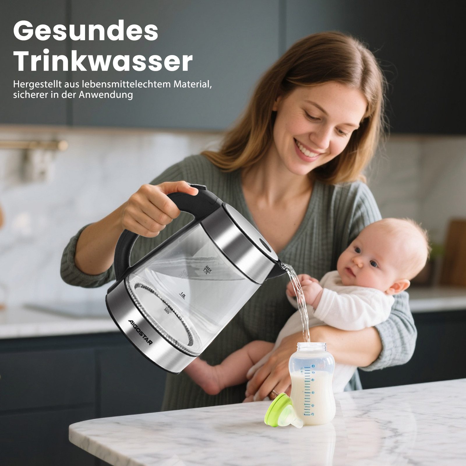 Aigostar Wasserkocher Chubby - Glaswasserkocher mit LED Beleuchtung, Auto-off, BPA frei, 1.7 l, 2200,00 W, Edelstahl – Bild 5 von 5