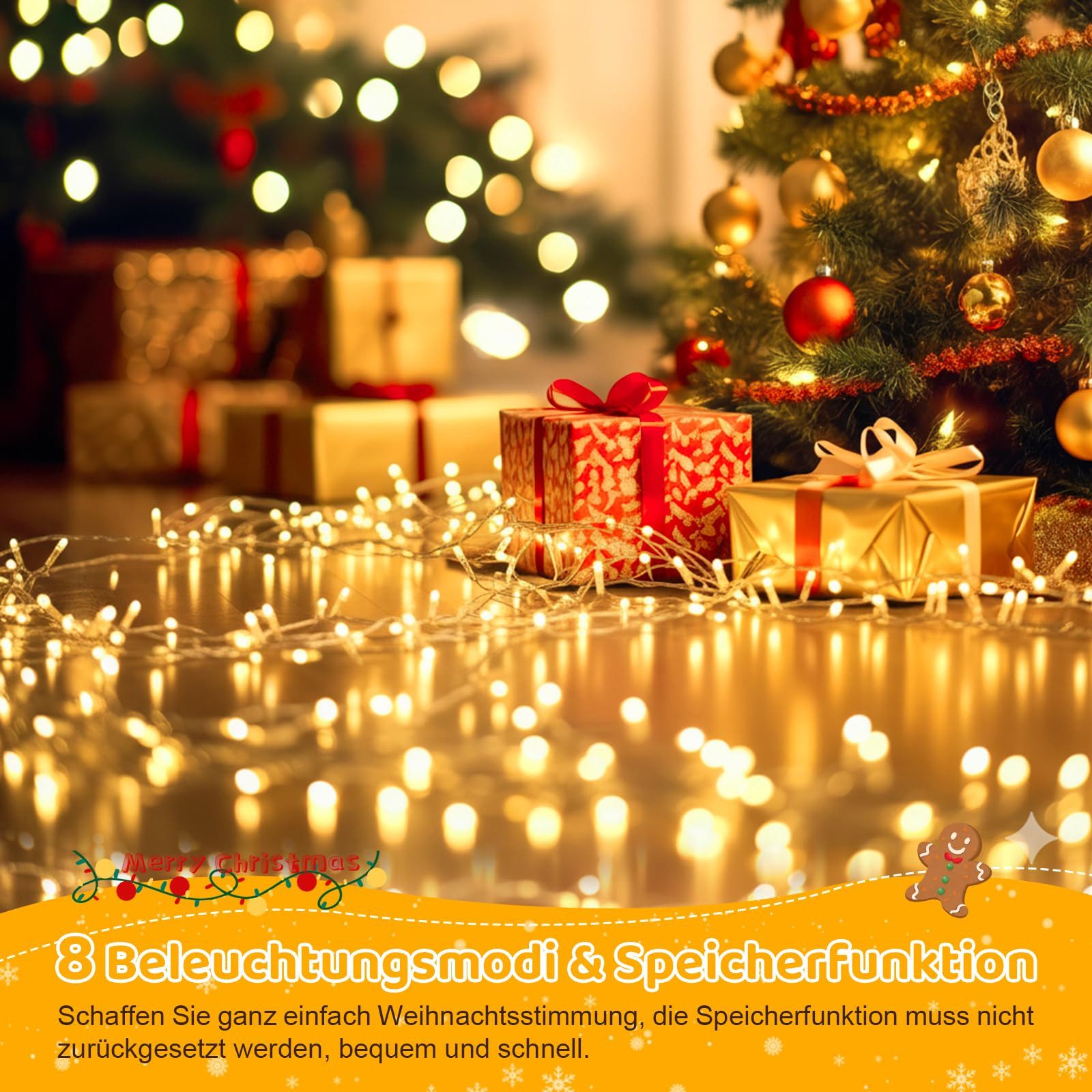 MERRY 2026 LED-Lichterkette mit Timer 8 Modi,20M-100M 31 V Weihnachtsbeleuchtung für Weihnachten, Warmweiß,lichterketten Vorhang,Speicher,für Balkon Fenster Party Deko