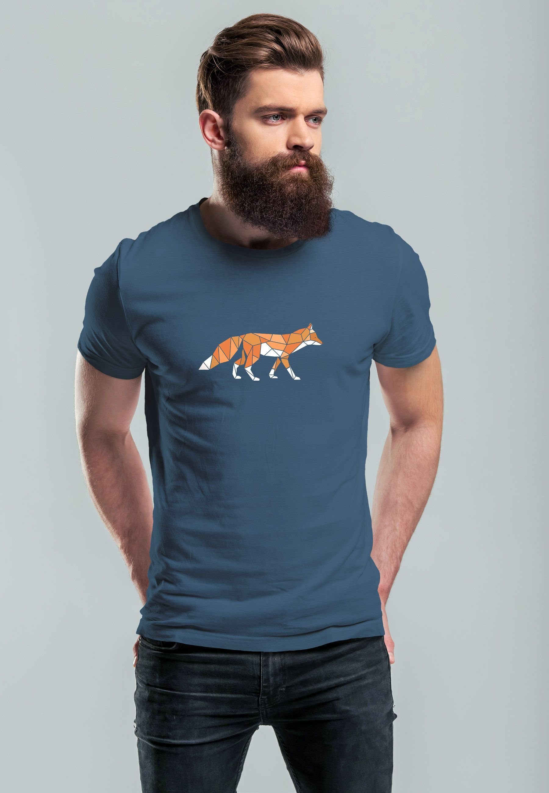 Print Log Kunstdruck denim Polygon mit Herren blue T-Shirt Print-Shirt Neverless Aufdruck Outdoor Fuchs Geometrie