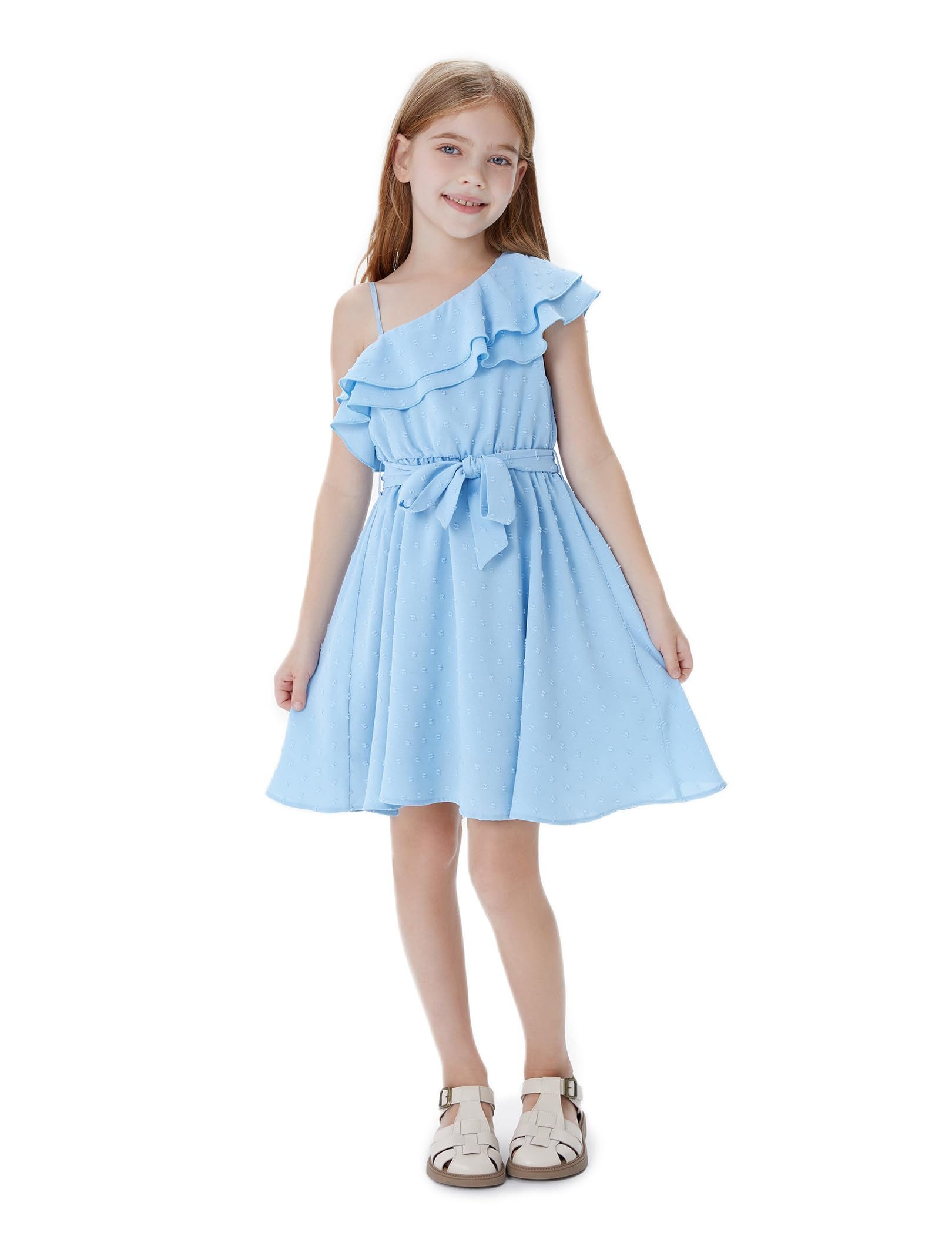 YI One-Shoulder-Kleid Mädchen Blau Eine-Schulter Kleid,A-Linien Prinzessin Sommerkleid