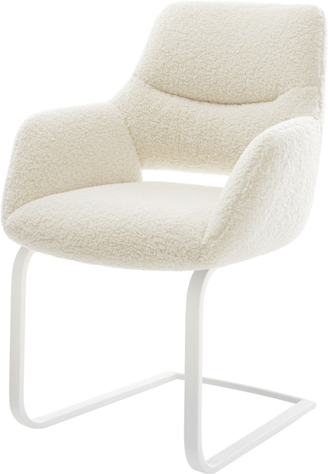 DELIFE Polsterstuhl Yago-Flex, mit Armlehnen Freischwinger flach Weiß Teddystoff Beige Taschenfederke
