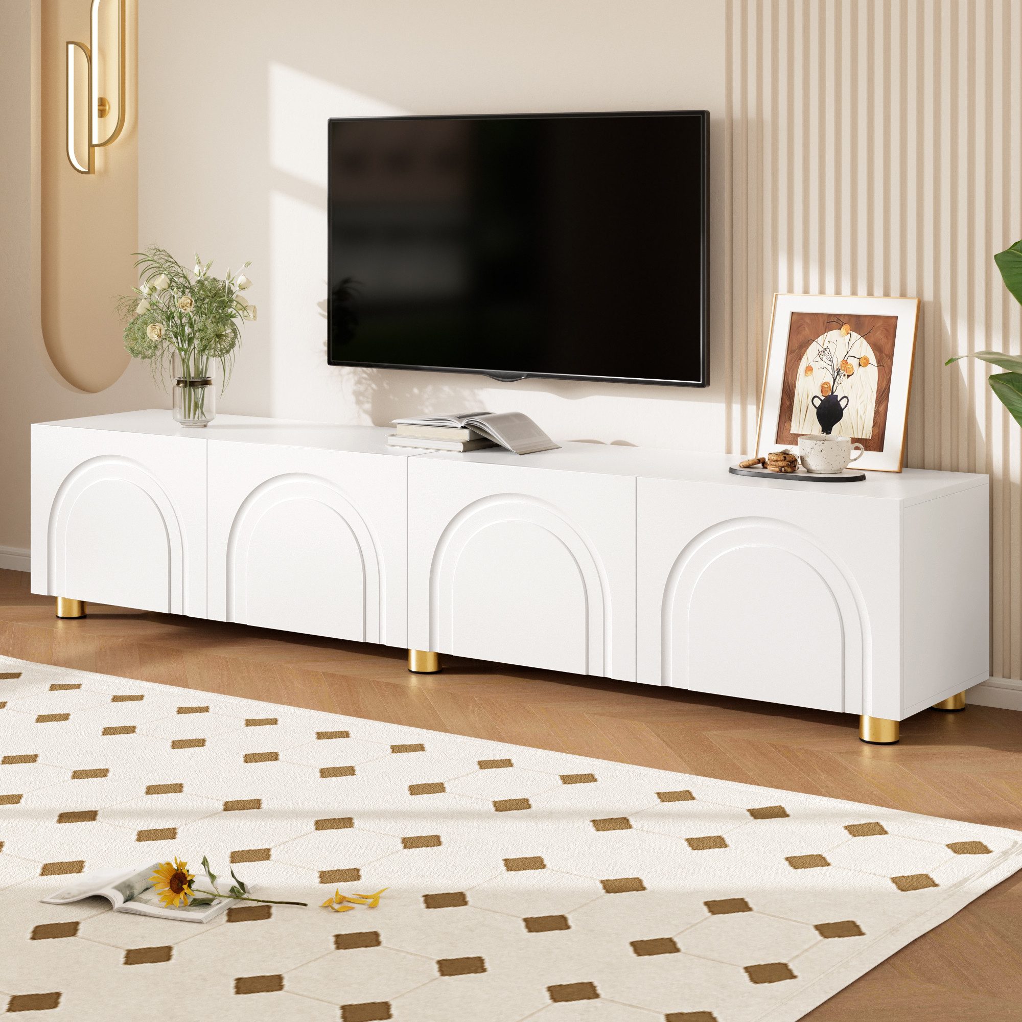 HAUSS SPOLE TV-Schrank TV-Schrank mit Metallfüßen,Bogenrelief Fernsehschrank aus PB & MDF (Fernsehbank TV-Ständer mit Türen mit Bogenrelief) TV-Lowboard mit Korpus aus PB und MDF
