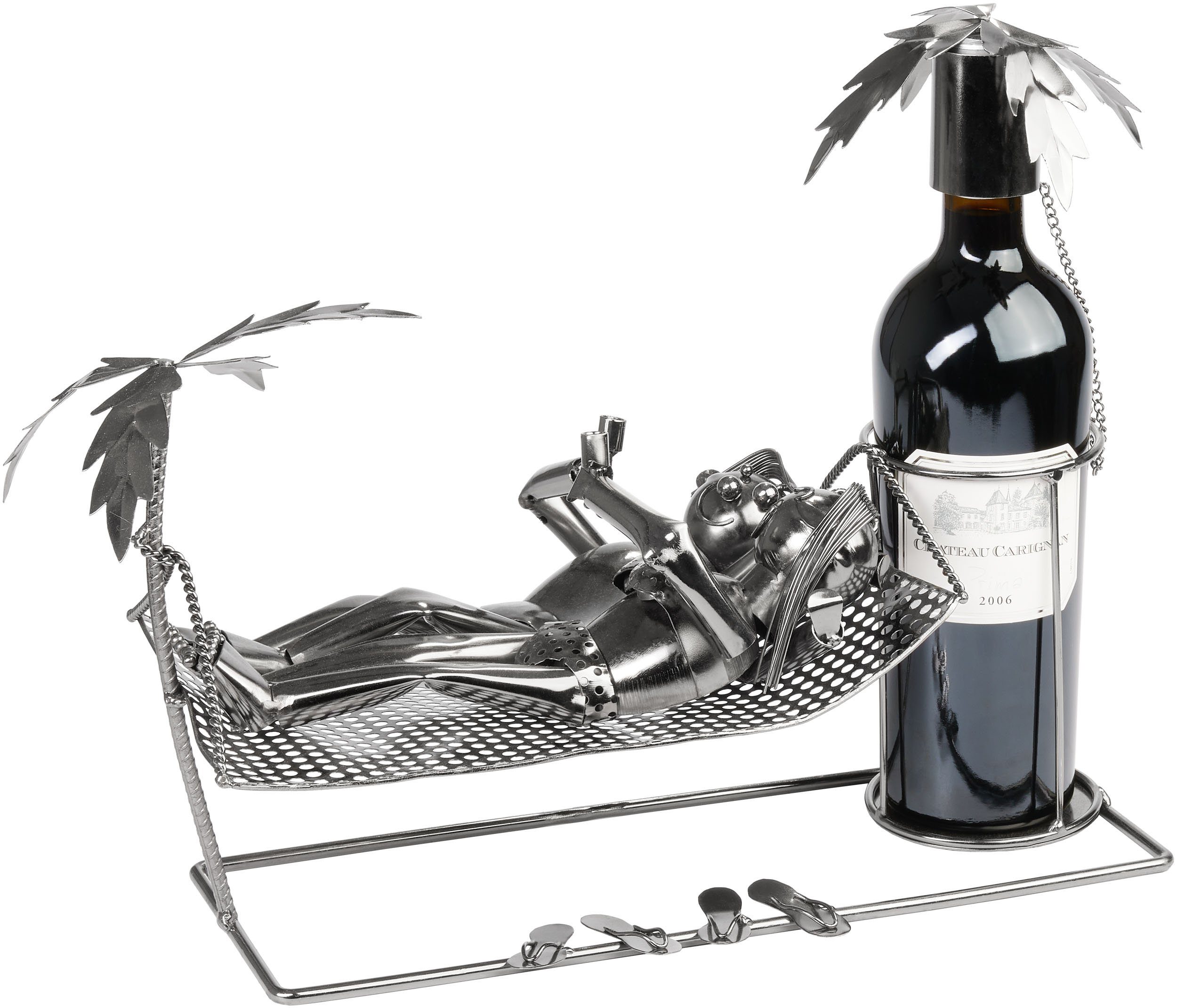 BRUBAKER Weinflaschenhalter Urlaubspaar - Paar im Urlaub auf Hängematte mit Palmen, (Metall Flaschenhalter, 1-St., Flaschenständer Dekoration mit Grußkarte), 40 cm Wein Geschenk für Strandurlaub