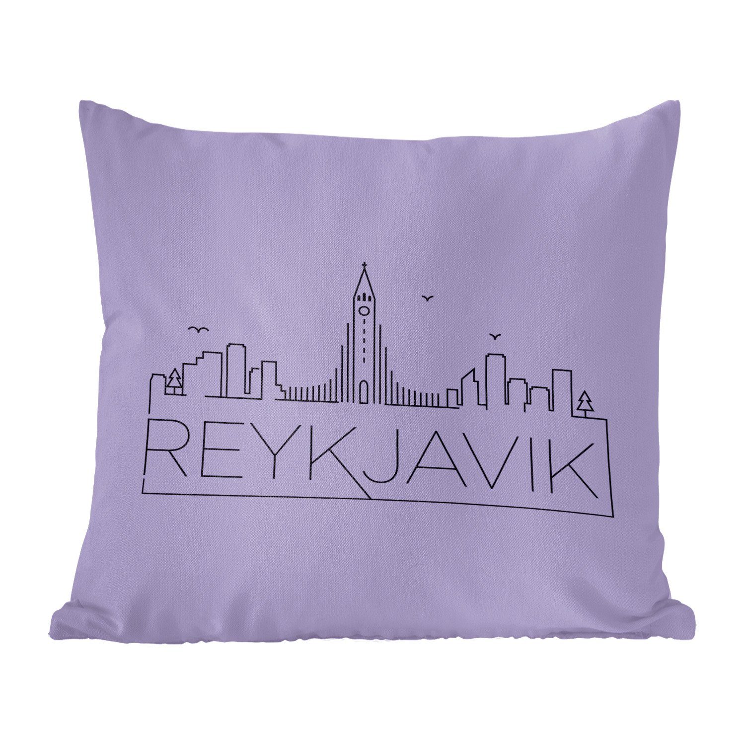 MuchoWow Dekokissen Stadtbild "Reykjavik" vor einem violetten Hintergrund, Zierkissen mit Füllung für Wohzimmer, Schlafzimmer, Deko, Sofakissen
