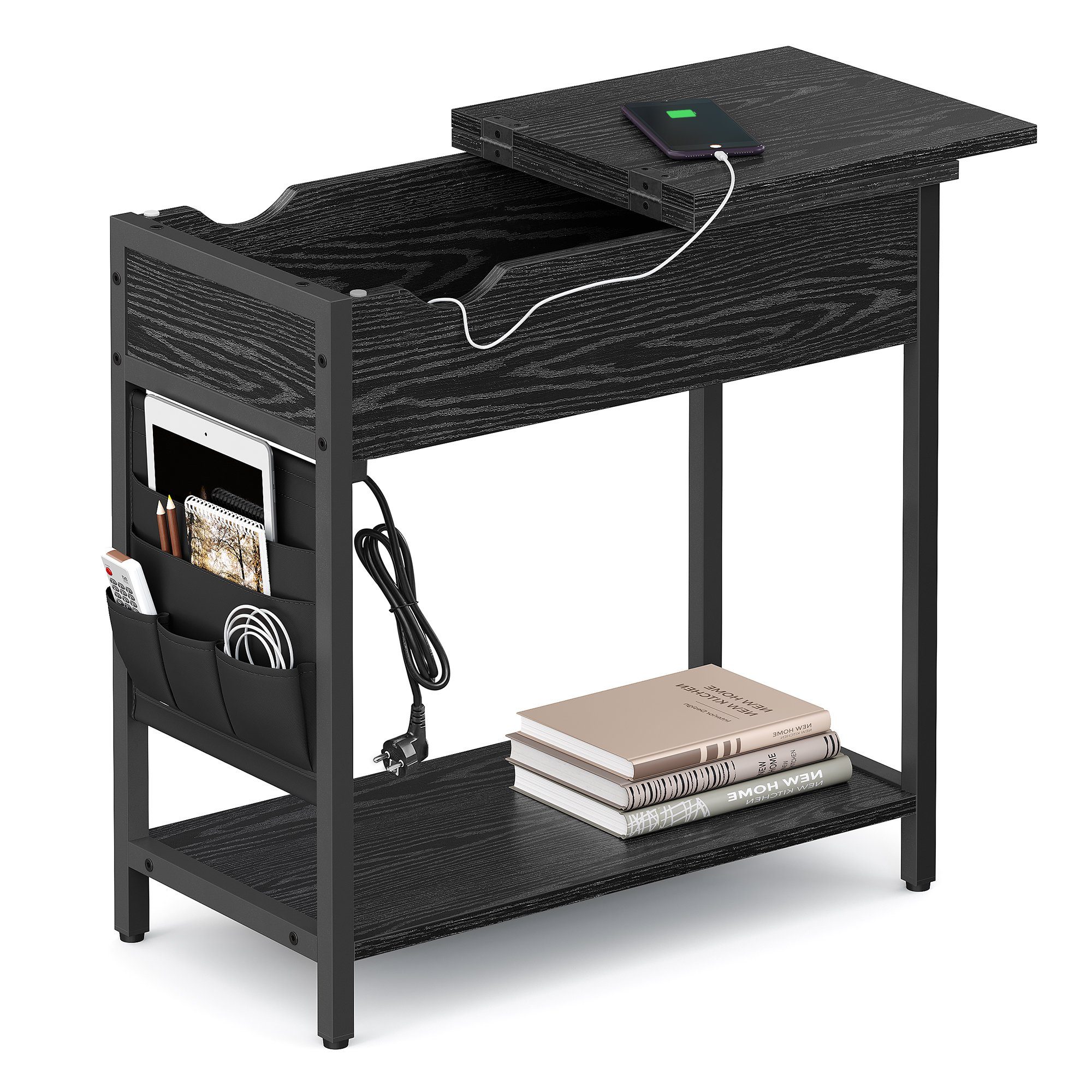 und Beistelltisch Tischplatte VASAGLE mit Schwarz (1-St), USB-Anschlüsse, Steckdosen Holzmaserung klappbare